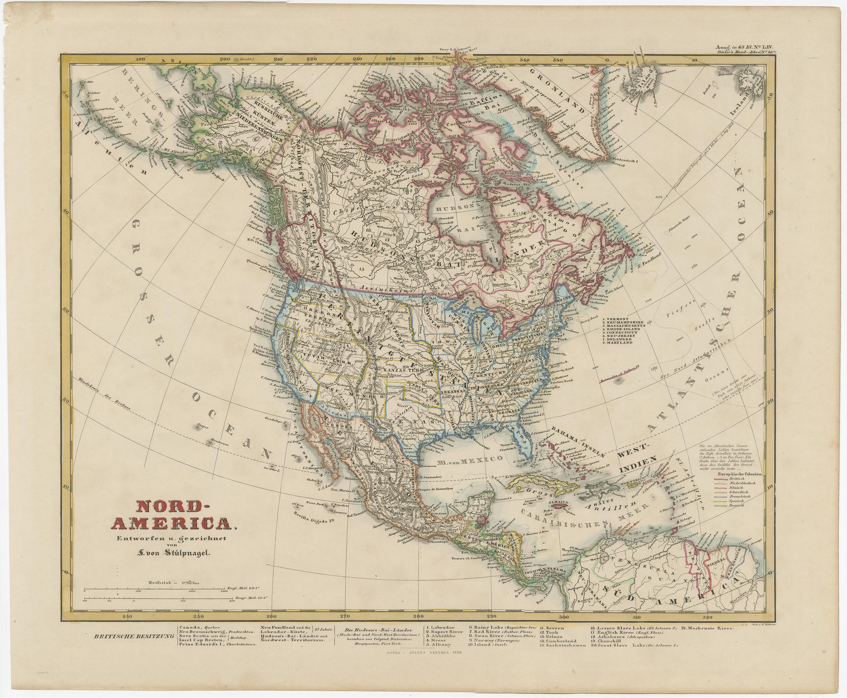 Original antique map titled 'Nord-America'. Old map of North America and the West Indies. Also showing British Overseas Territories and Hudson Bay. 

This map originates from Stielers Handatlas, published circa 1859. Stielers Handatlas (after