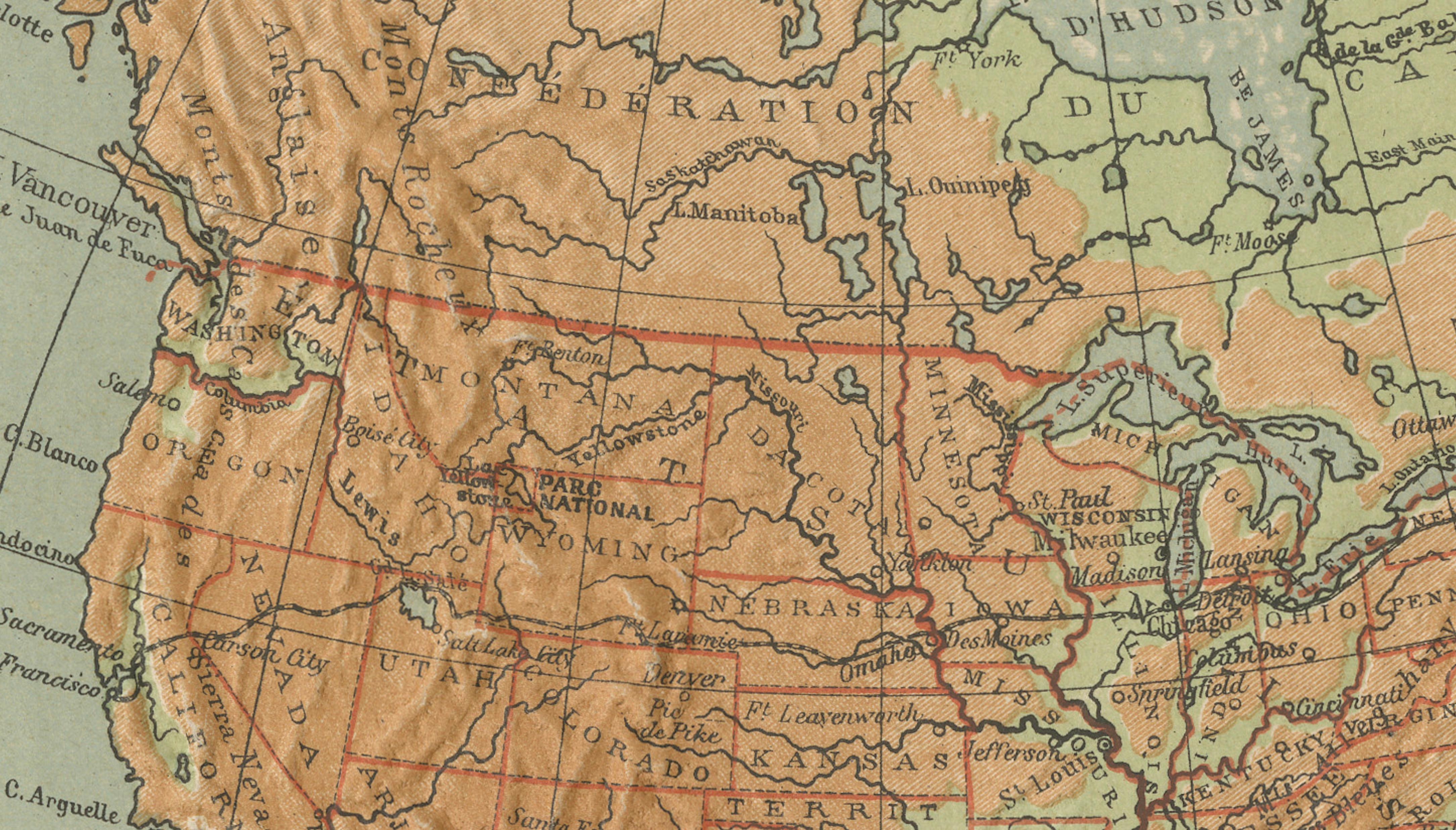 Français Carte ancienne de l'Amérique du Nord - Carte en relief physique par Hachette c.1883 en vente