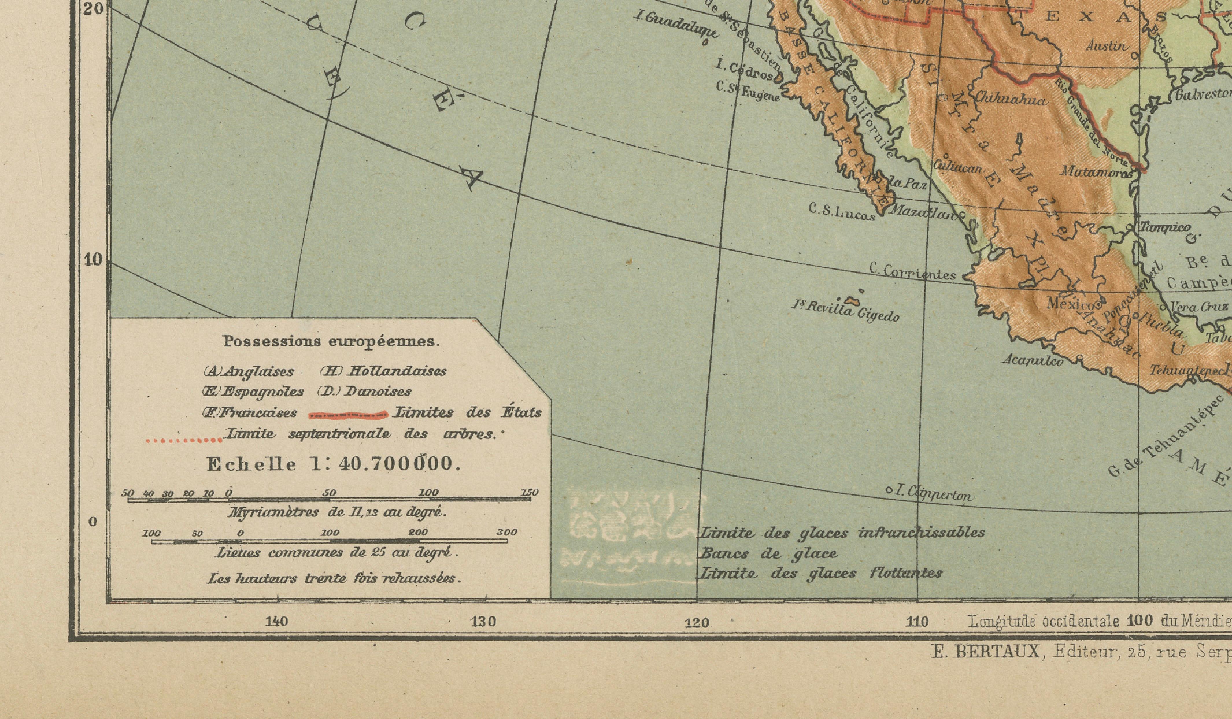 Carte ancienne de l'Amérique du Nord - Carte en relief physique par Hachette c.1883 Bon état - En vente à Langweer, NL