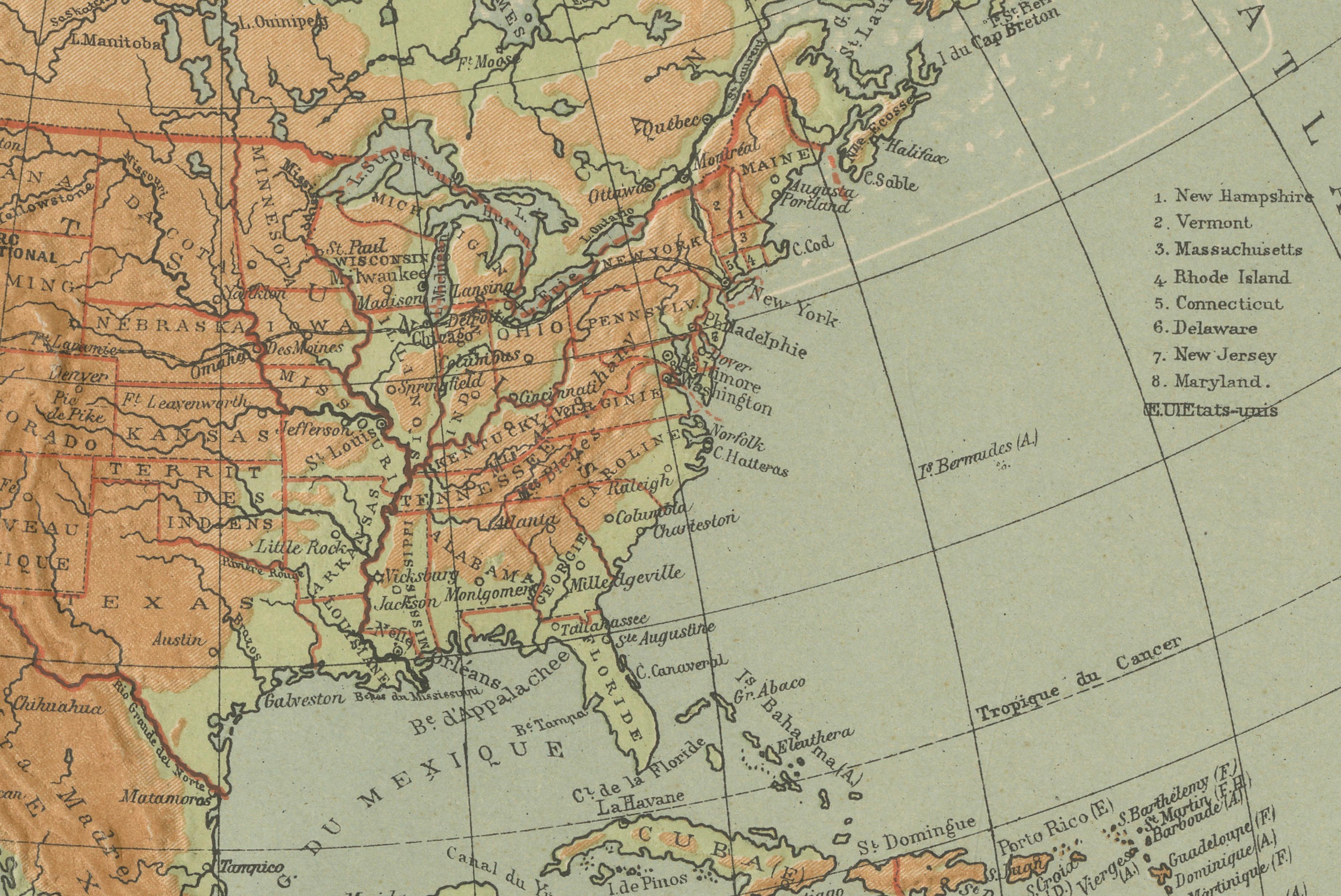 Carte ancienne de l'Amérique du Nord - Carte en relief physique par Hachette c.1883 en vente 1