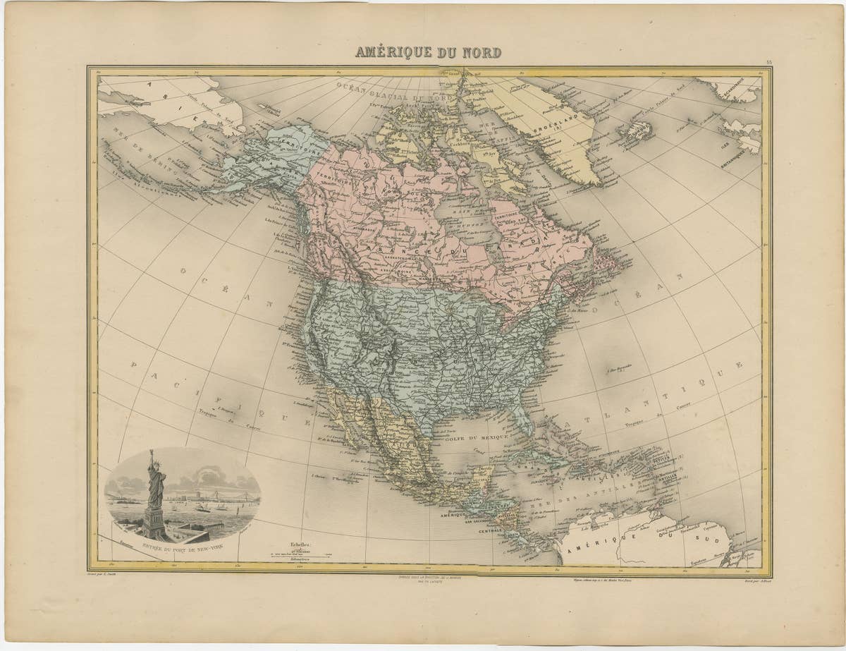 Antique Map of North America with Vignette of the Statue of Liberty, New York