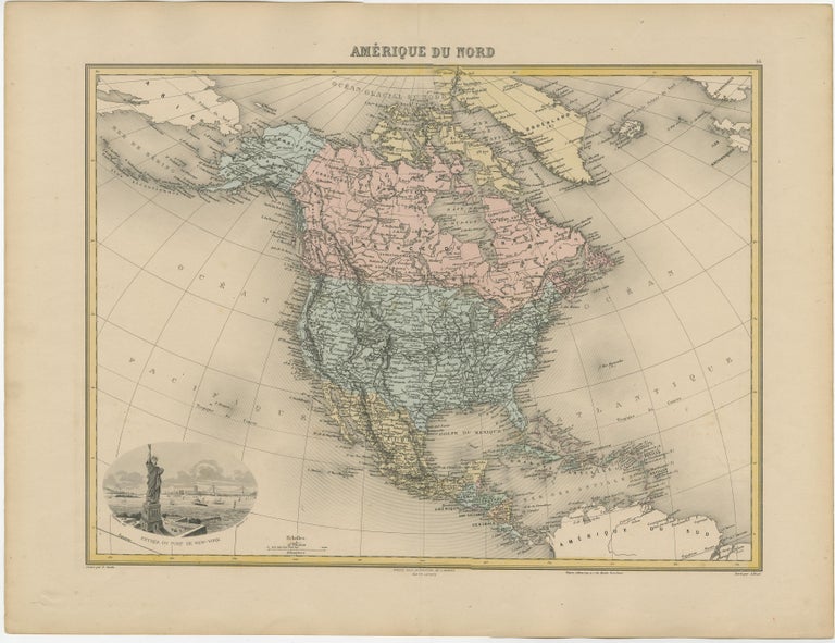 Antique Map of North America with Vignette of the Statue of Liberty ...