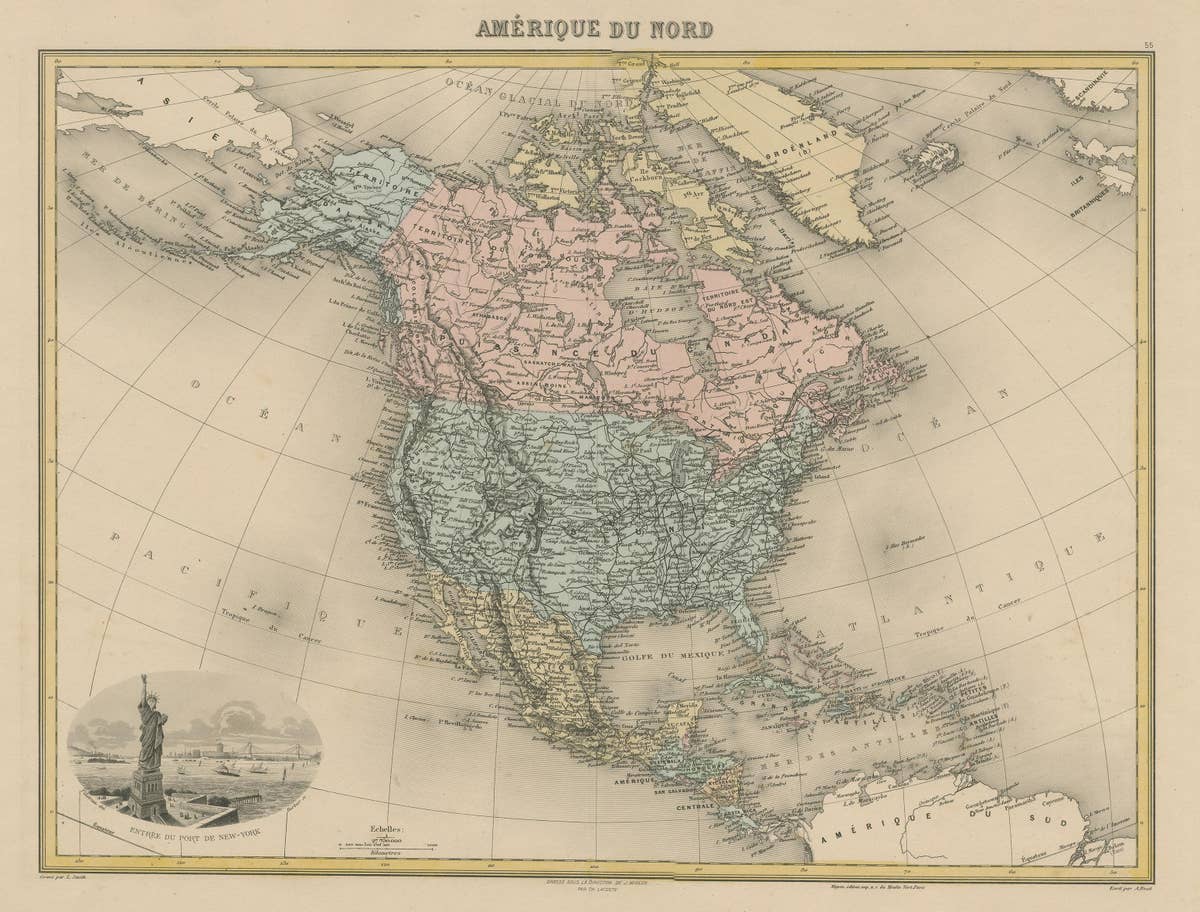 Antique Map of North America with Vignette of the Statue of Liberty, New York