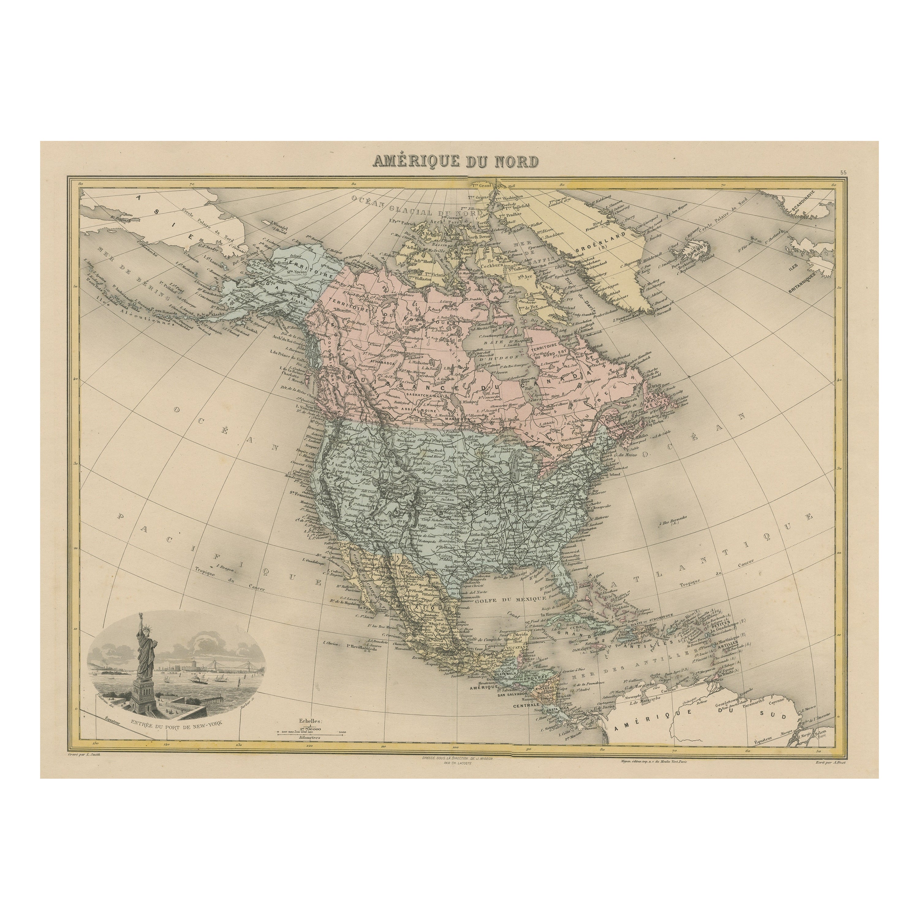 Carta geografica antica del Nord America con vignetta della Statua della Libertà, New York in vendita