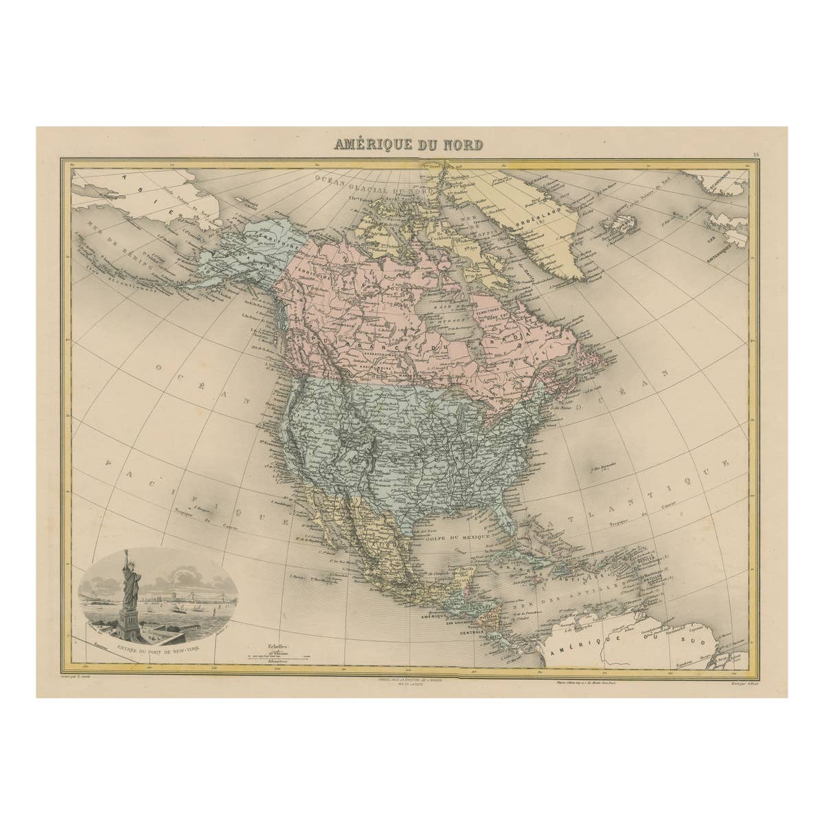Antique Map of North America with Vignette of the Statue of Liberty, New York
