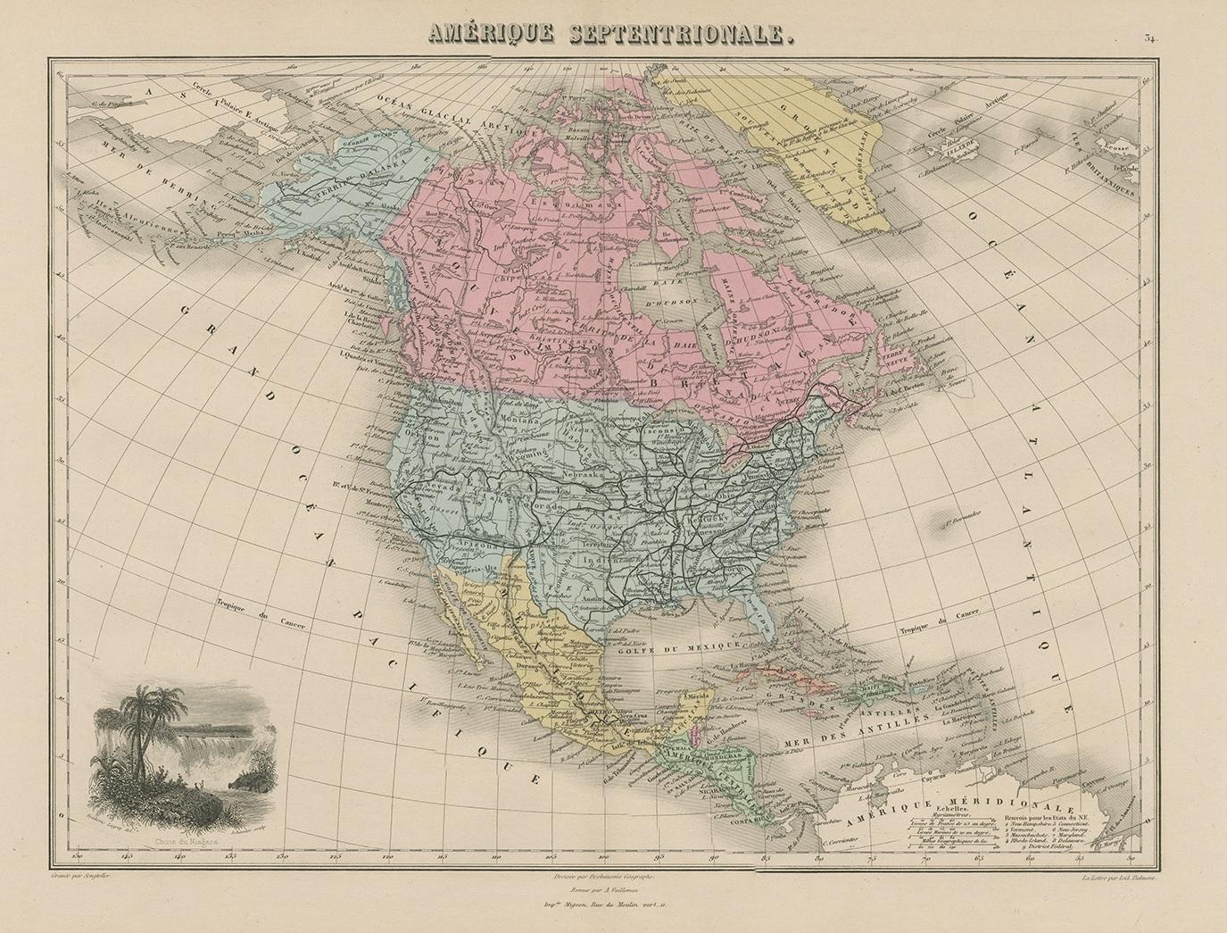 Antique map titled 'Amérique Septentrionale'. Old map of North and Central America. With a decorative vignette of the Niagara Falls. This map originates from 'Géographie Universelle Atlas-Migeon' by J. Migeon.