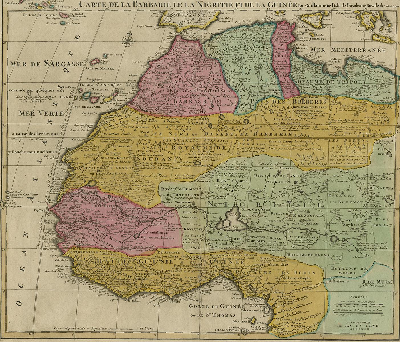 Belle carte richement gravée de l'Afrique du Nord et de l'Ouest, basée sur les cartes antérieures de De L'Isle. Richement annoté tout au long de l'ouvrage et avec d'excellents détails régionaux. Trop de détails à décrire. La qualité de la gravure