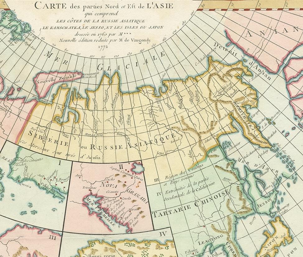 Mapa antiguo de Europa del Norte y Asia Oriental de Vaugondy, hacia 1750 en Bueno estado para la venta en Langweer, NL