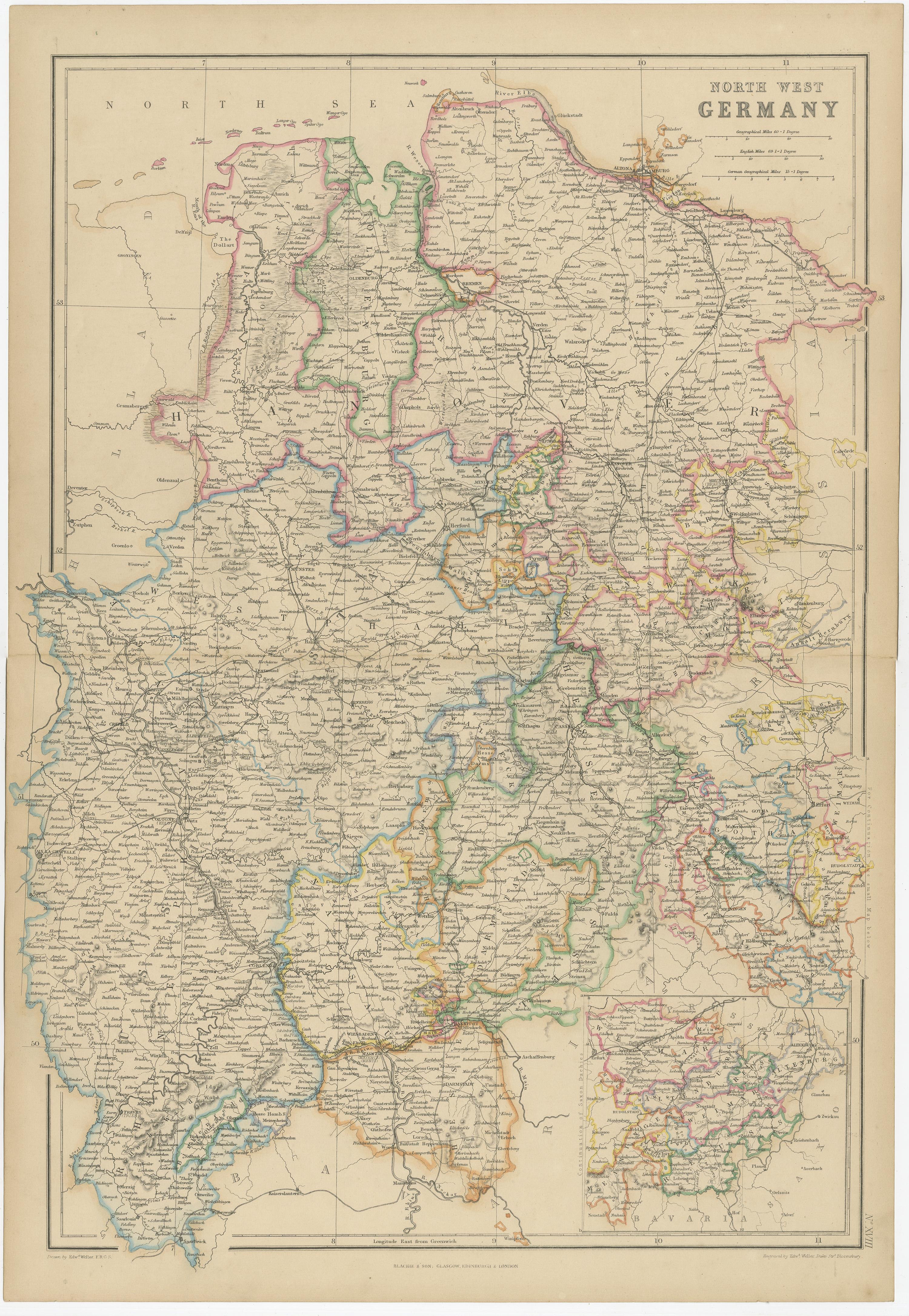 1859 Carte détaillée de l'Allemagne du Nord-Ouest avec encart sur la Bavière - Blackie's Atlas Bon état - En vente à Langweer, NL