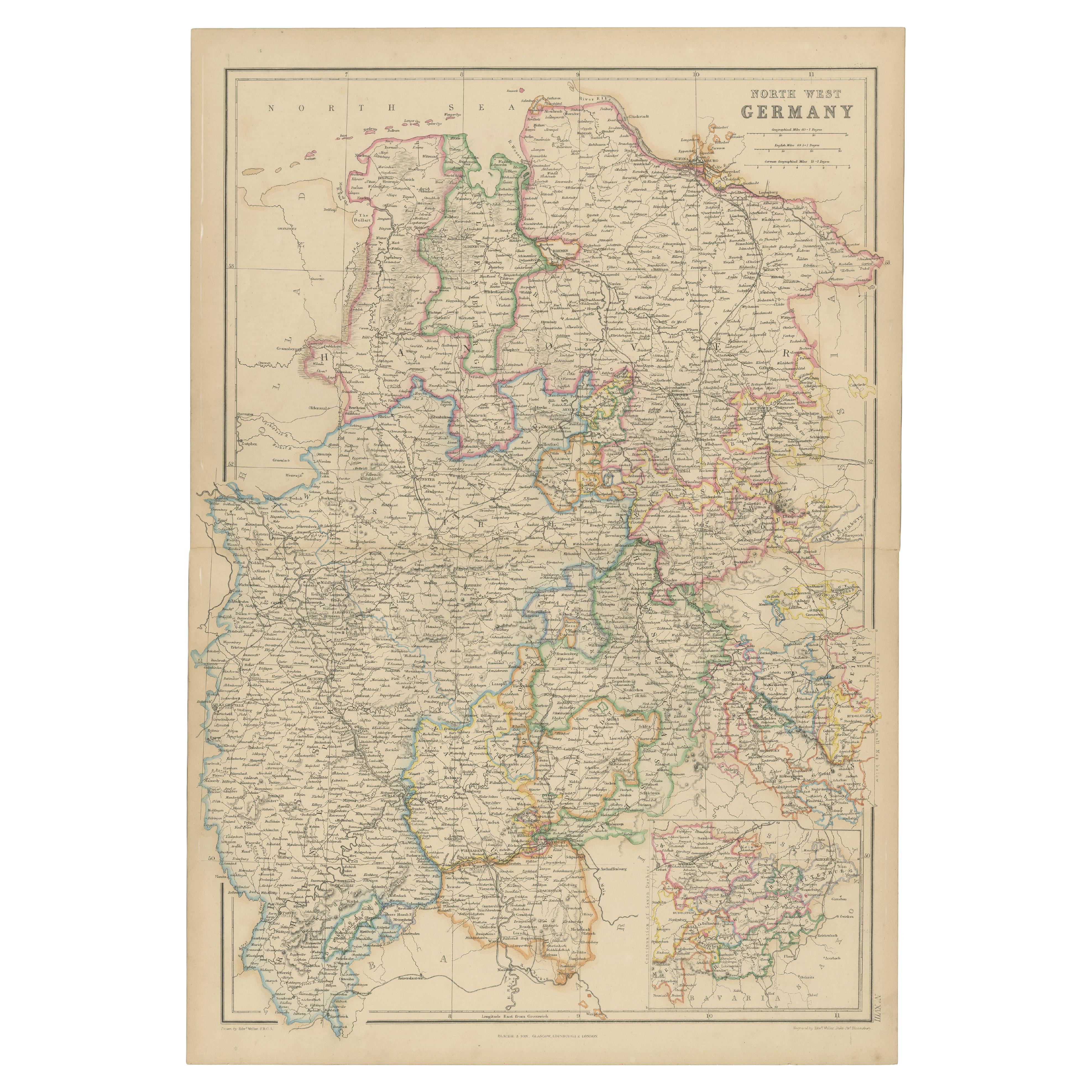 1859 Carte détaillée de l'Allemagne du Nord-Ouest avec encart sur la Bavière - Blackie's Atlas en vente