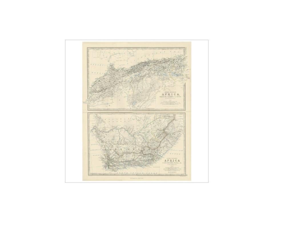 Two maps on one sheet titled 'North-Western Africa' and 'Southern Africa'. Depicting Morocco, Algeria, Tunis, Cape Colony, Natal and more. This map originates from the ‘Royal Atlas of Modern Geography’ by Alexander Keith Johnston. Published by