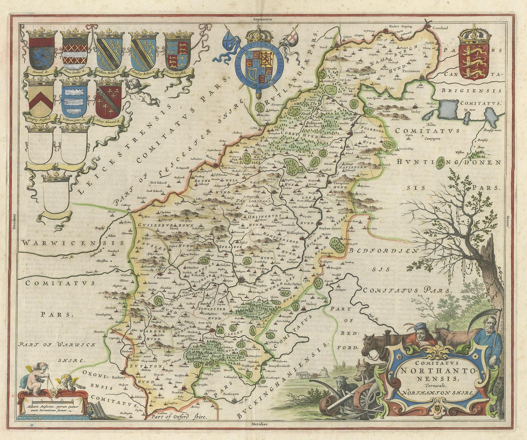 Antique map titled 'Comitatus Northantonensis vernacule Northamtonshire'. Original antique map of Northamptonshire, England. This map originates from 'Atlas Universal y Cosmographico de las Orbes Celestes y Terrestres' by J. Blaeu. Published 1659.