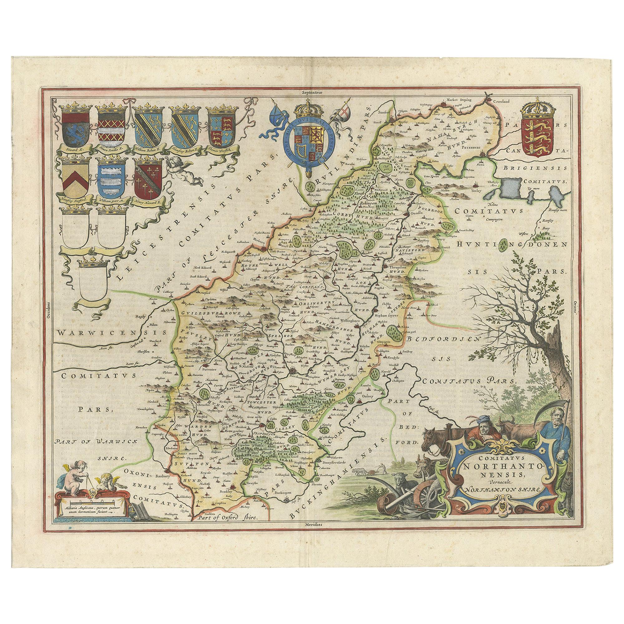 A Gold Highlighted Antique Map of Northamptonshire by Blaeu '1659' For Sale