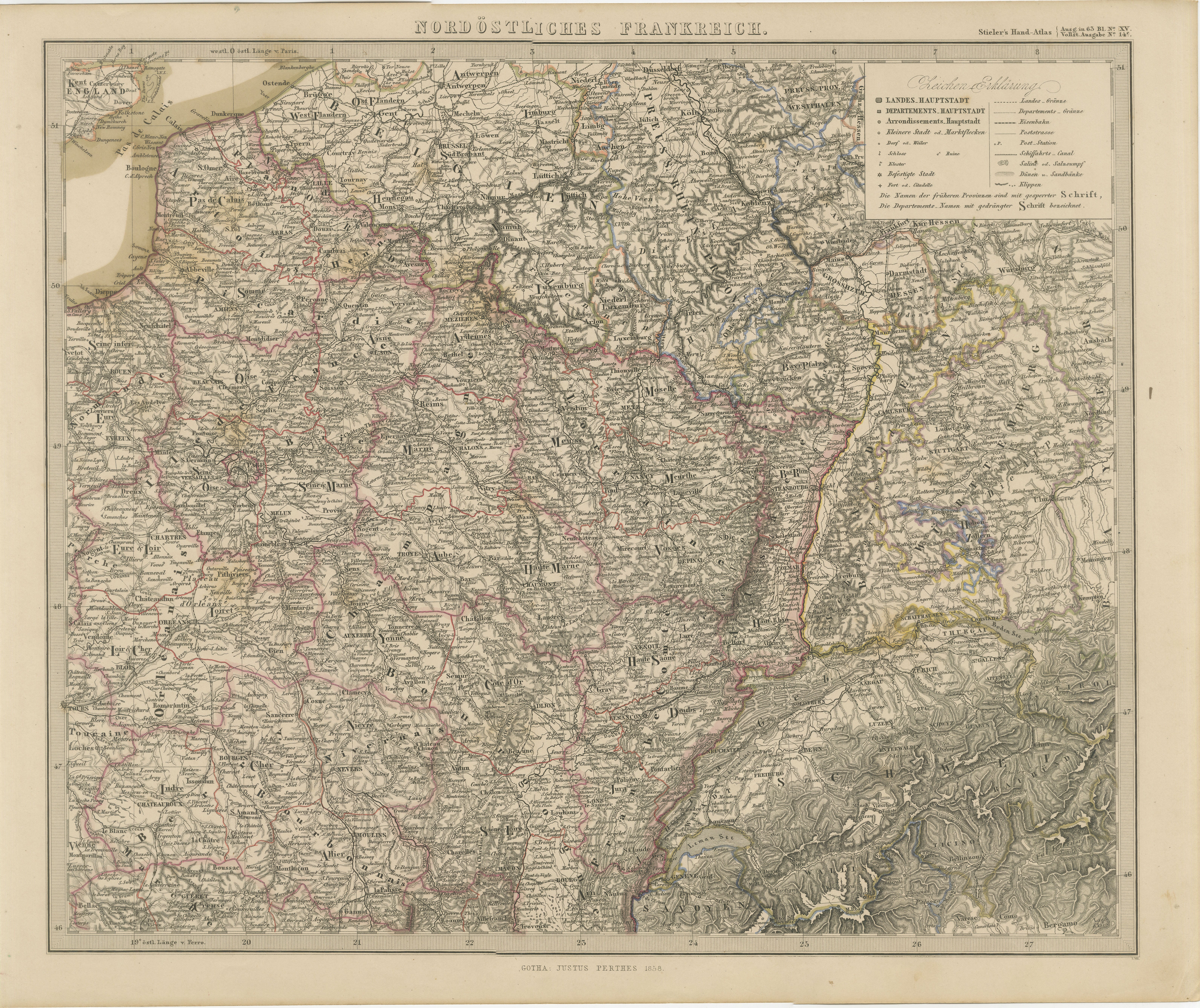 Mapa antiguo del noreste de Francia - Alsacia, Lorena y Champaña, 1858 en venta