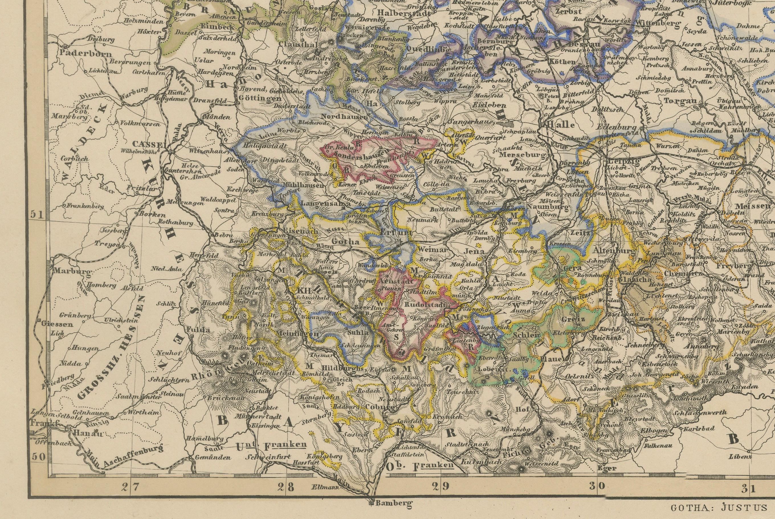 XIX secolo Carta geografica antica della Germania nord-orientale - Stati sassoni e prussiani, 1858 in vendita