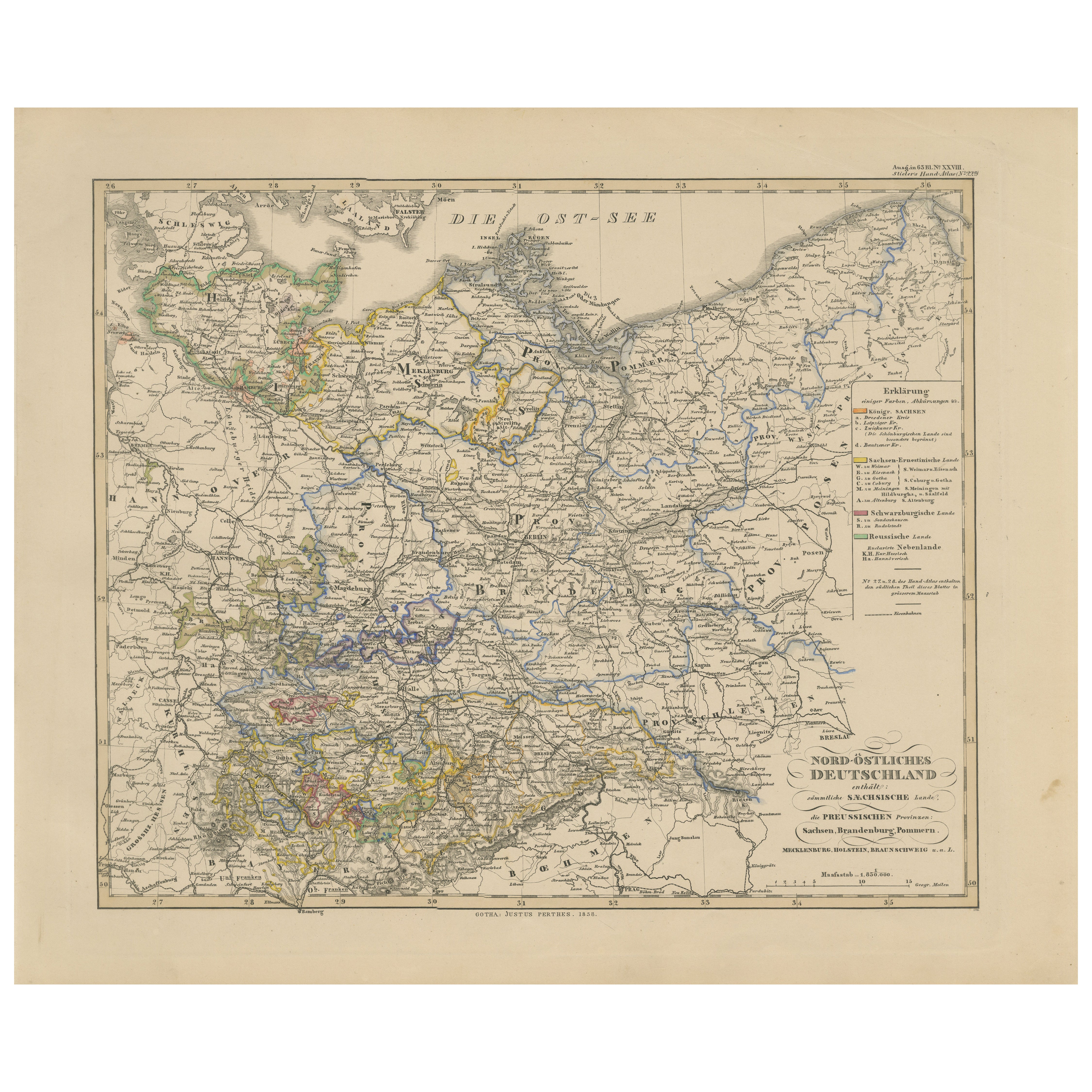 Antike Karte von Nordostdeutschland - Sächsische & Preußische Staaten, 1858