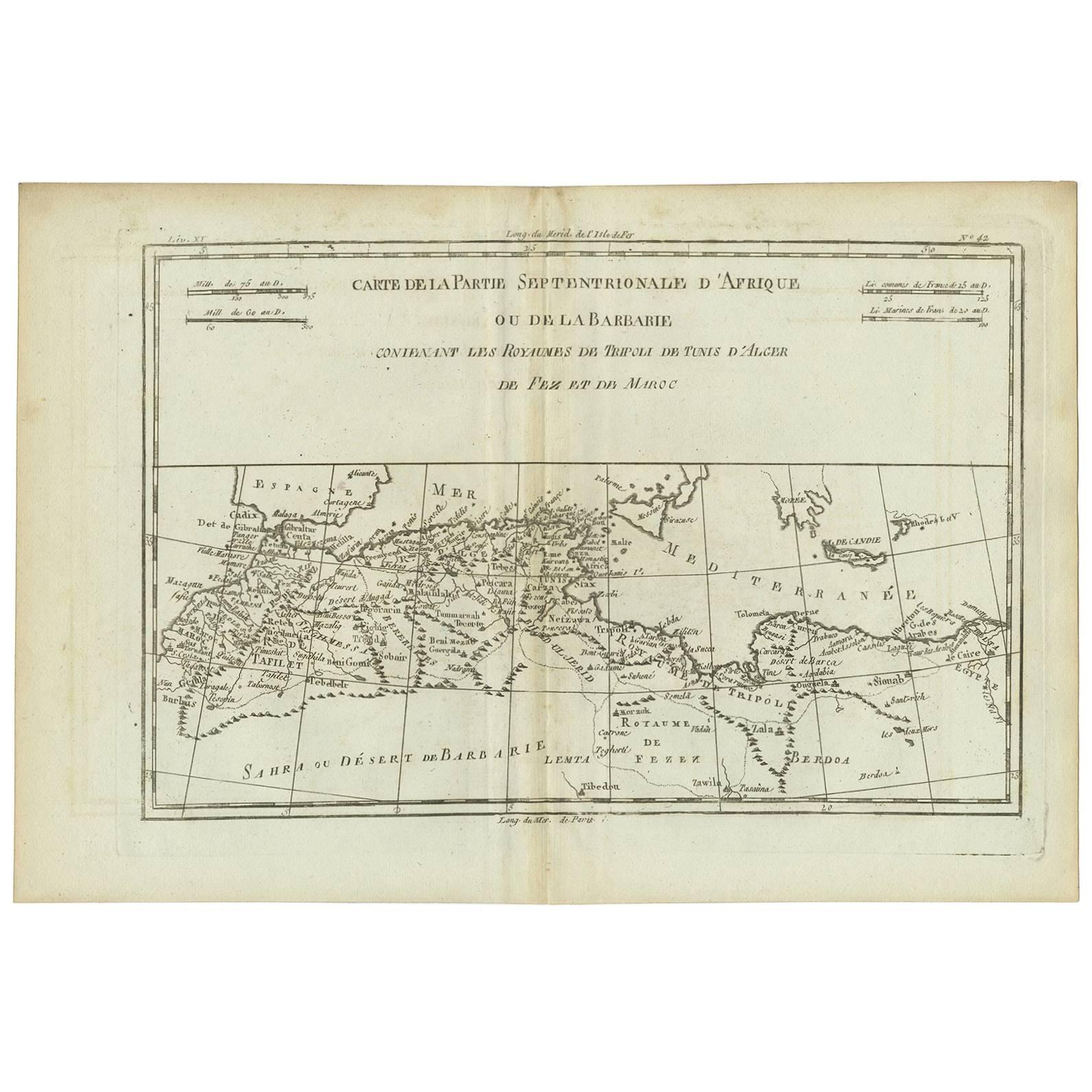 Mapa antiguo del norte de África "Costa Berberisca" por R. Bonne, hacia 1780