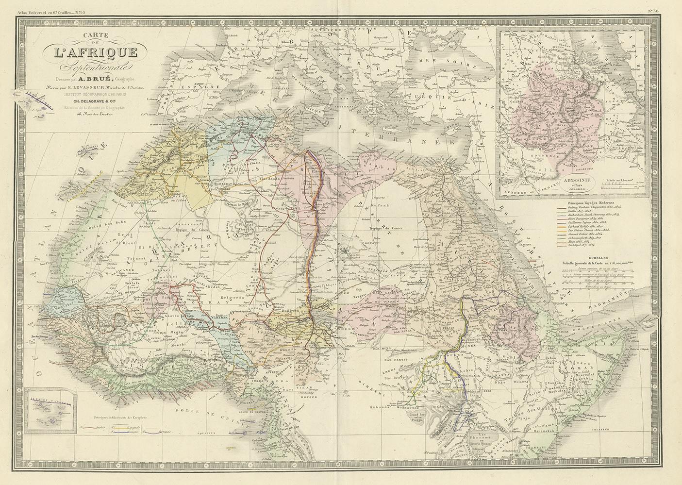 Antique map titled 'Carte de l'Afrique Septentrionale'. Large map of Northern Africa. This map originates from 'Atlas de Géographie Moderne Physique et Politique' by A. Levasseur. Published 1875.