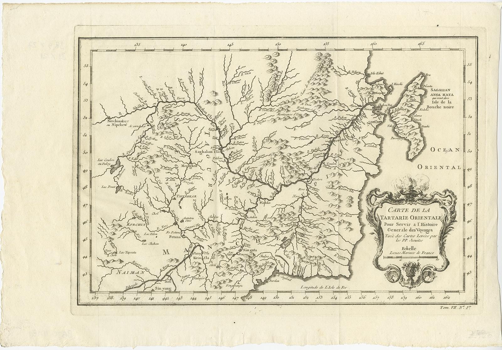 Antique map titled 'Carte De La Tartarie Orientale (..)'. A map for this far eastern portion of what is present day northern China and far eastern Russia. Centered on the Amur River, it shows what is a good bit of Manchuria and the Russia province