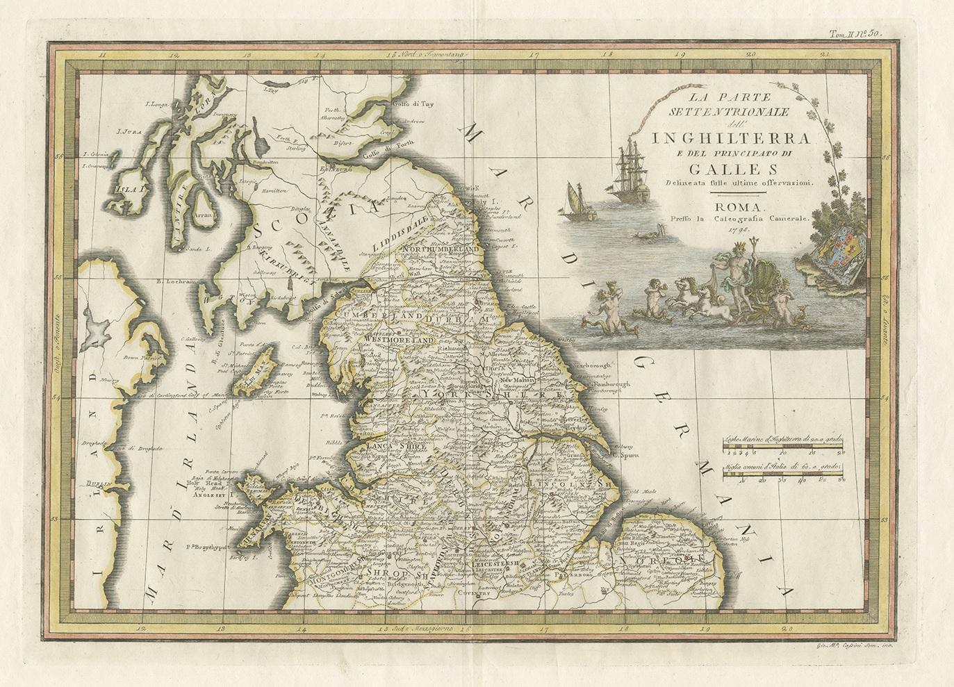 Antique map titled 'La Parte Settentrionale dell' Inghilterra e del Principato di Galles'. 

Engraved map of Northern England and Wales. Shows Northumberland, Westmoreland, Cumberland, Durham, Yorkshire, Lancashire, Lincolnshire, Cheshire,