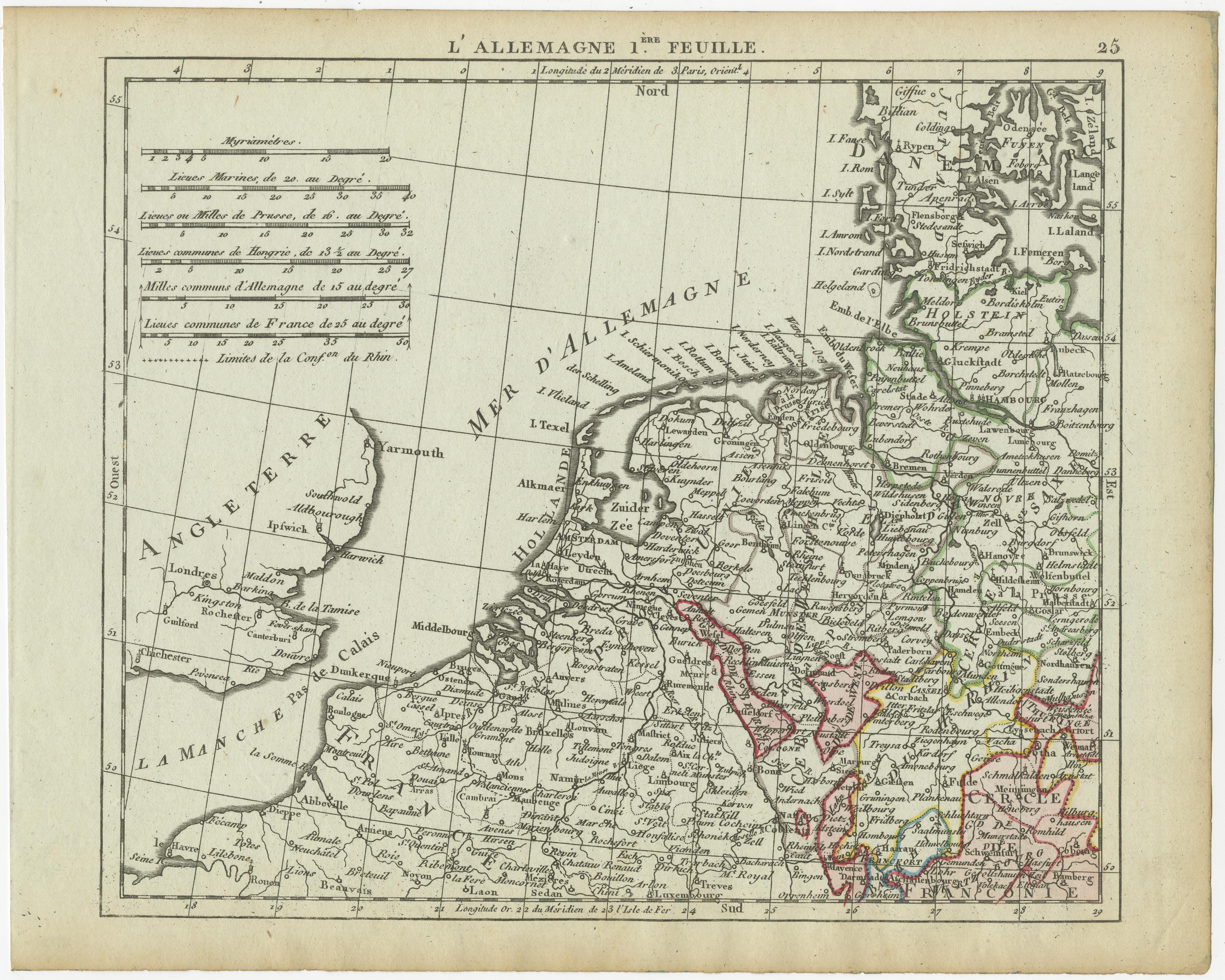 Titre :  Carte ancienne de l'Allemagne du Nord et des Pays-Bas - circa 1806

Description :  Cette carte ancienne finement gravée, intitulée L'Allemagne 1re Feuille, représente les régions septentrionales de l'Allemagne, les Pays-Bas et une partie de