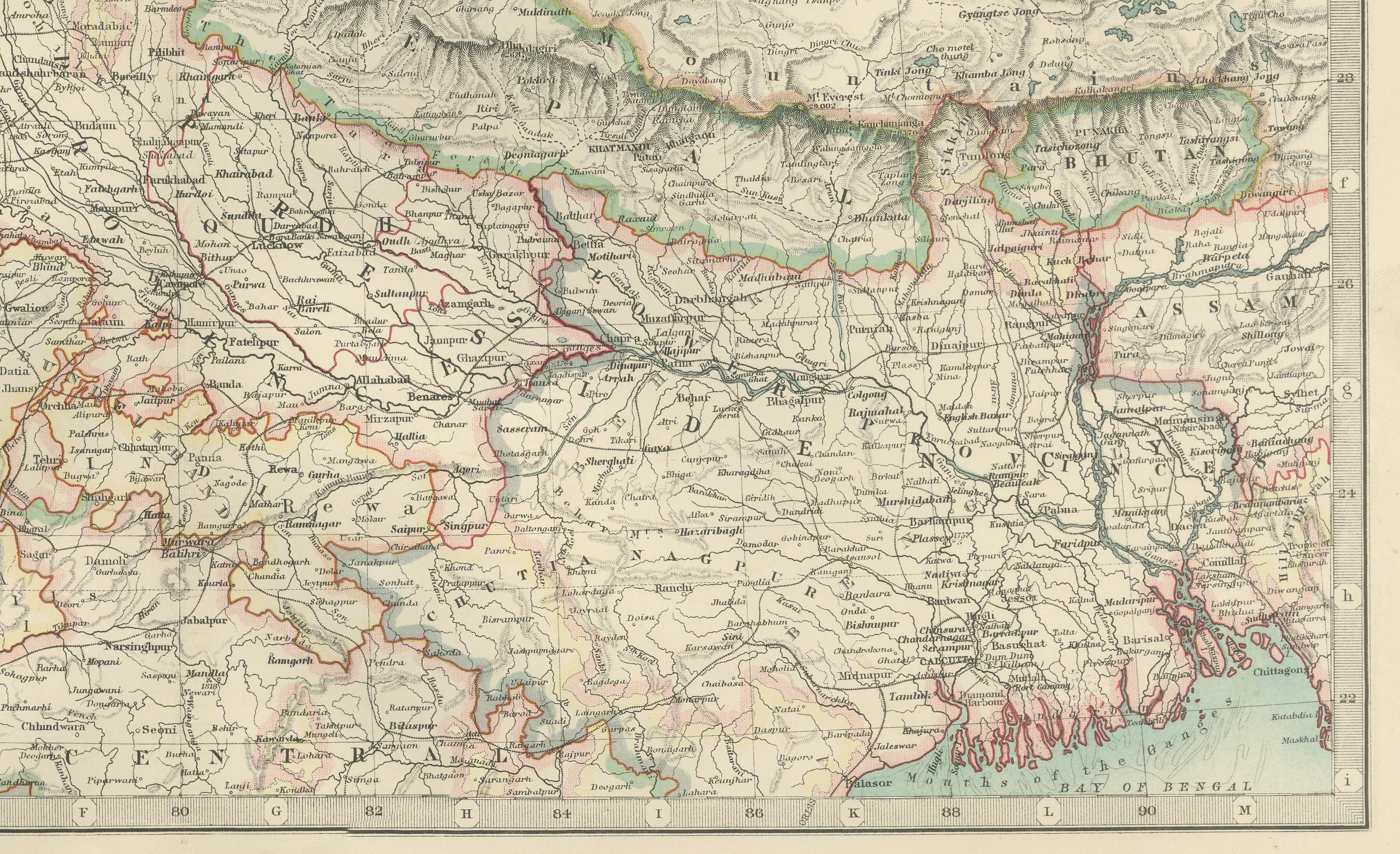 Carte ancienne de l'Inde du Nord, avec les frontières et les détails de l'Himalaya, 1903 Bon état - En vente à Langweer, NL