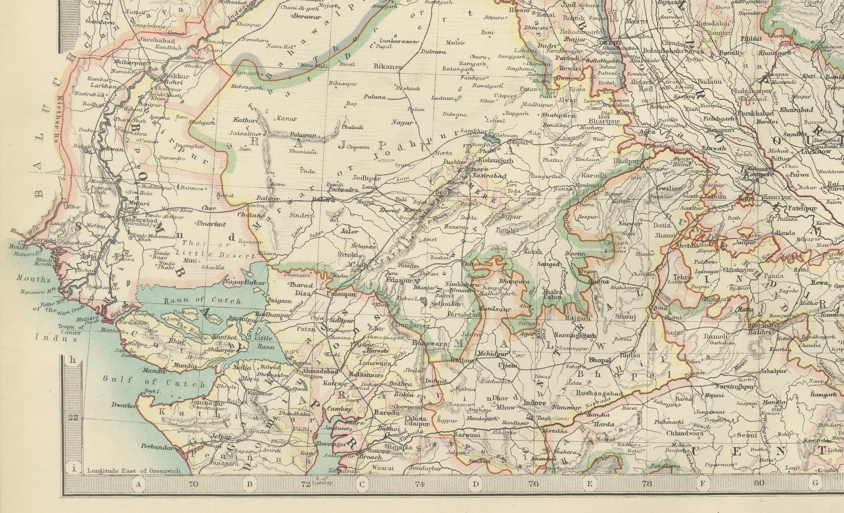 20ième siècle Carte ancienne de l'Inde du Nord, avec les frontières et les détails de l'Himalaya, 1903 en vente