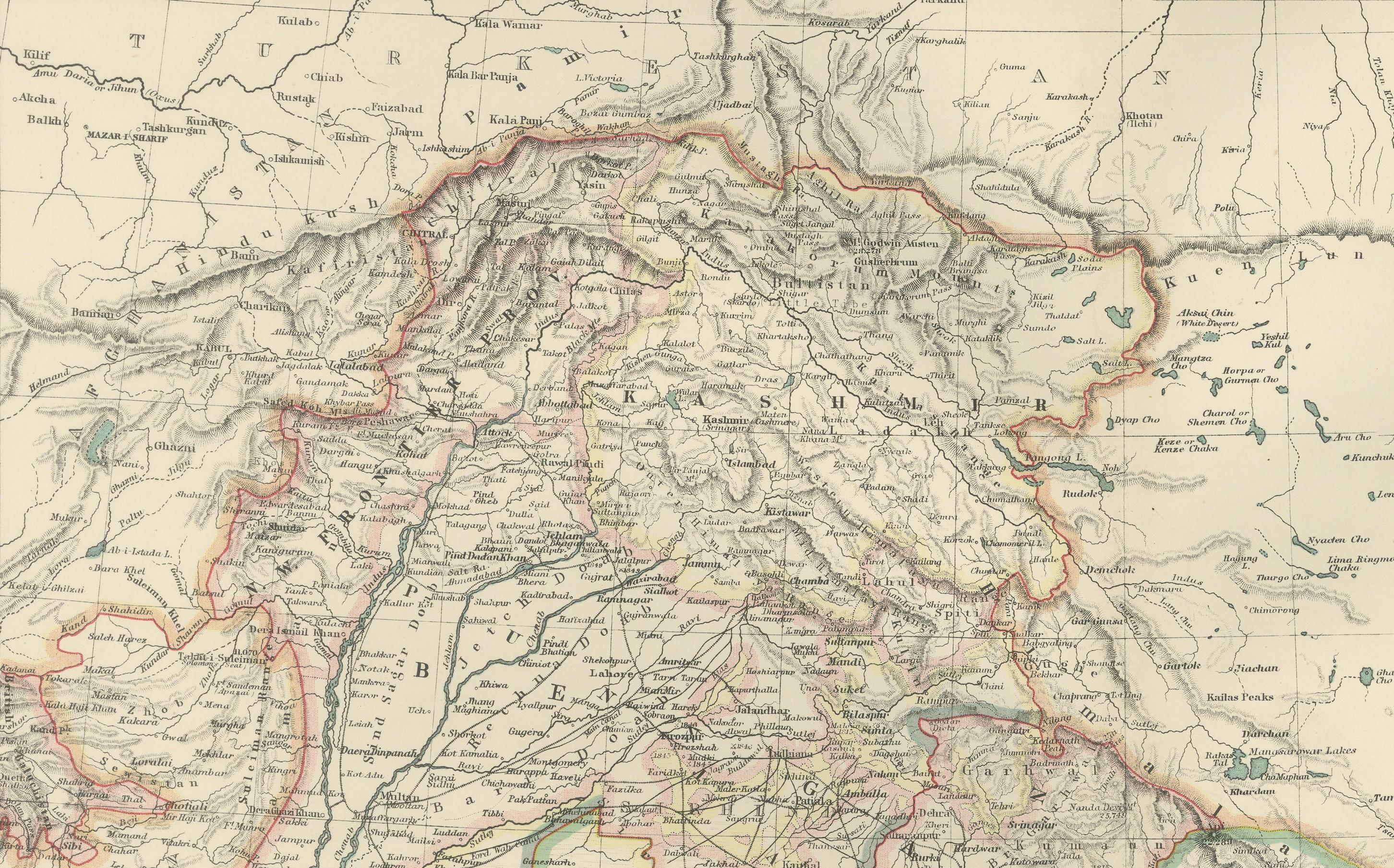 Papier Carte ancienne de l'Inde du Nord, avec les frontières et les détails de l'Himalaya, 1903 en vente