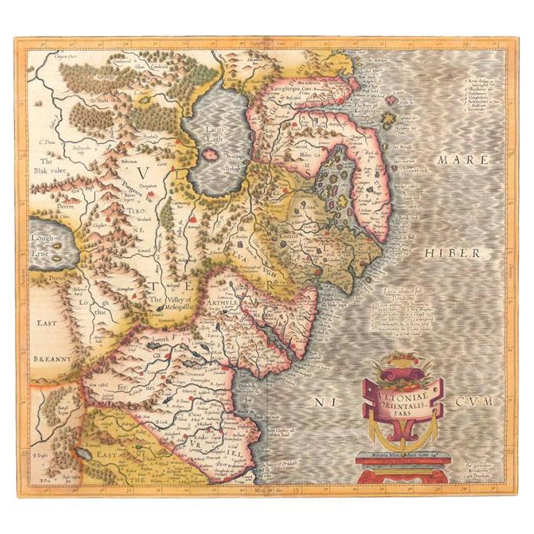 Antique map titled 'Ultoniae Orientalis Pars'. Original antique map of Northern Ireland. Published by Mercator/Hondius, ca. 1600. 

Superb early map of the eastern part of Ulster, featuring Down and Antrim Counties in Northern Ireland. Mercator's