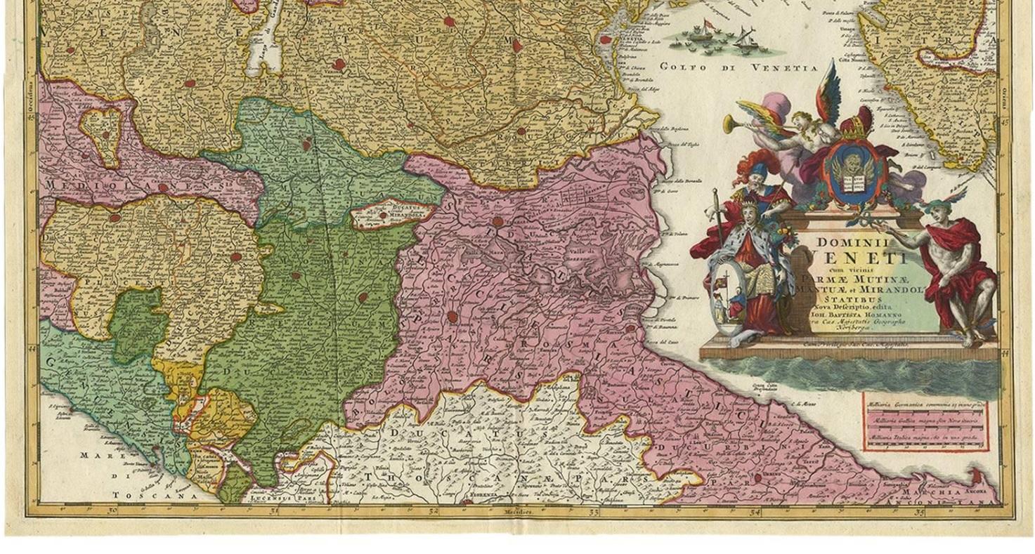 This beautiful hand-colored map covers from Bergamo east as far as Albona (Labin) and from Vipiteno Sterzing south as far as Florence. 

The map is exceptionally detailed, noting towns, rivers, lakes, cities and a host of additional topographical
