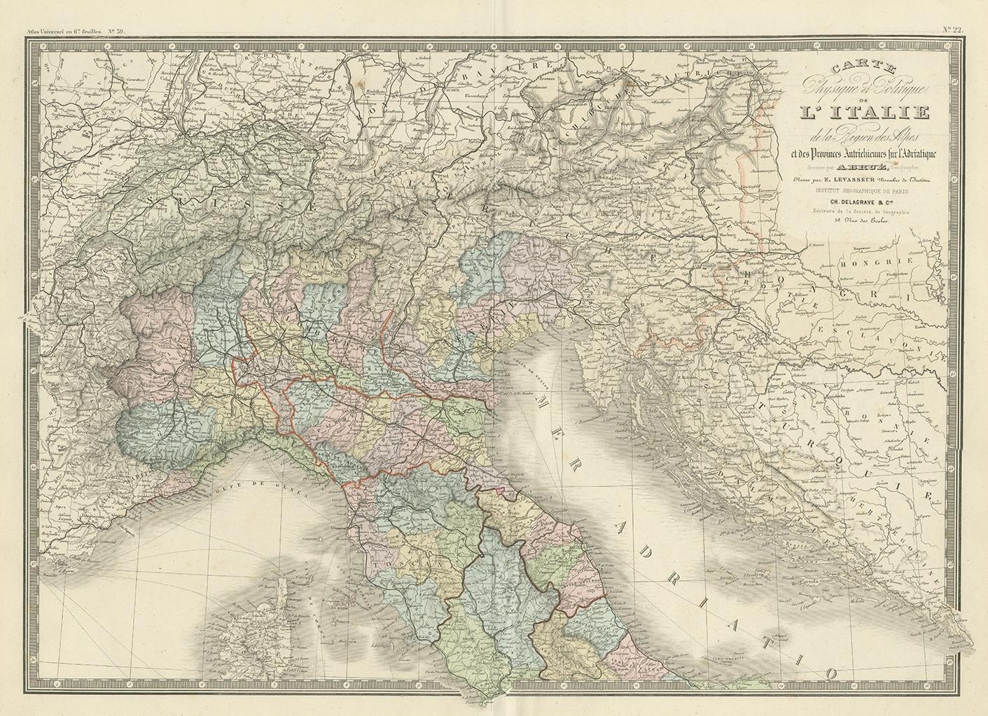 Antique map titled 'Carte l'Italie (..)'. Large map of Northern Italy. This map originates from 'Atlas de Géographie Moderne Physique et Politique' by A. Levasseur. Published 1875.