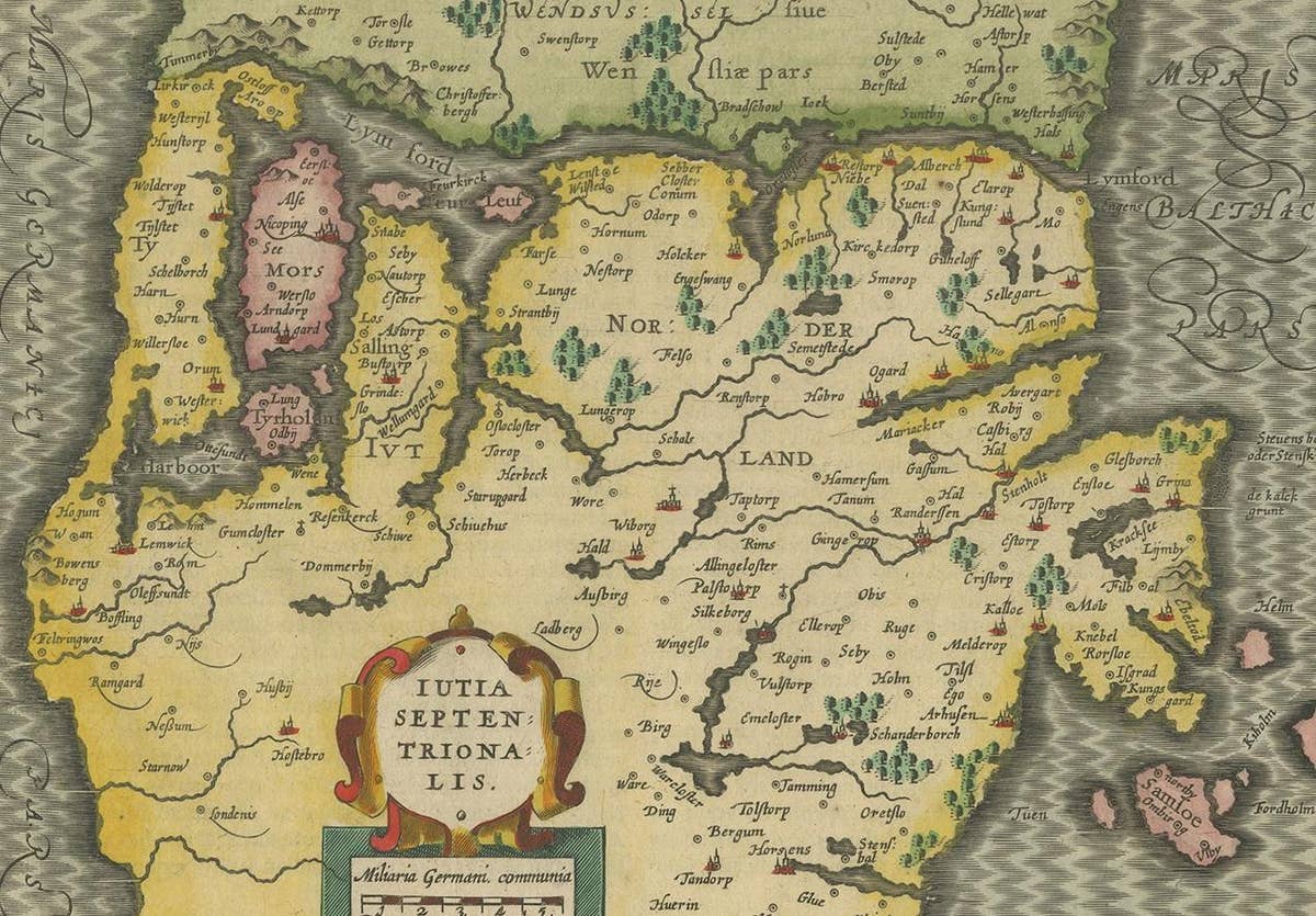 Antique Copper Engraved Map of Northern Jutland by P. Kaerius, 1628
