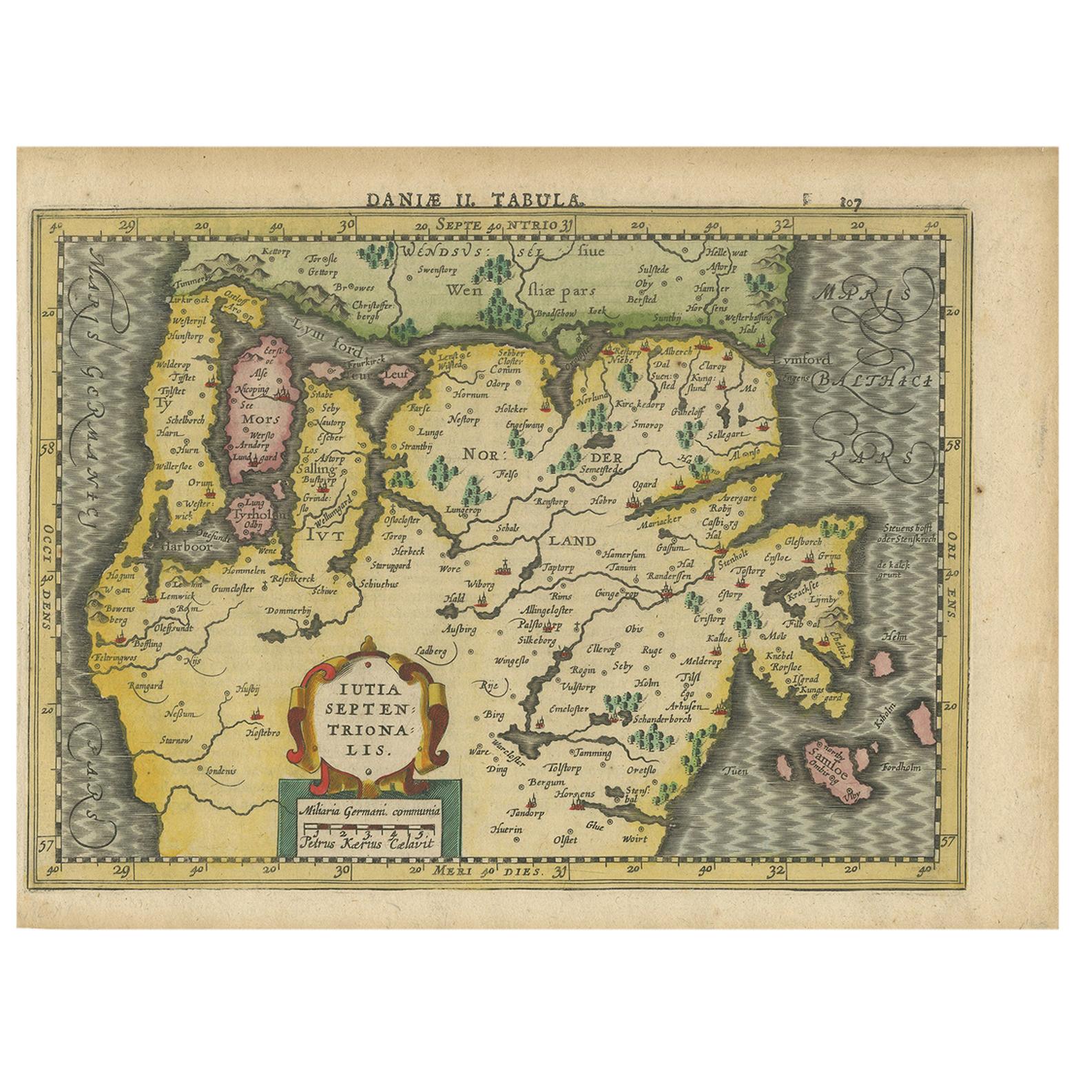 Antique Map of Northern Jutland by Kaerius, 1628