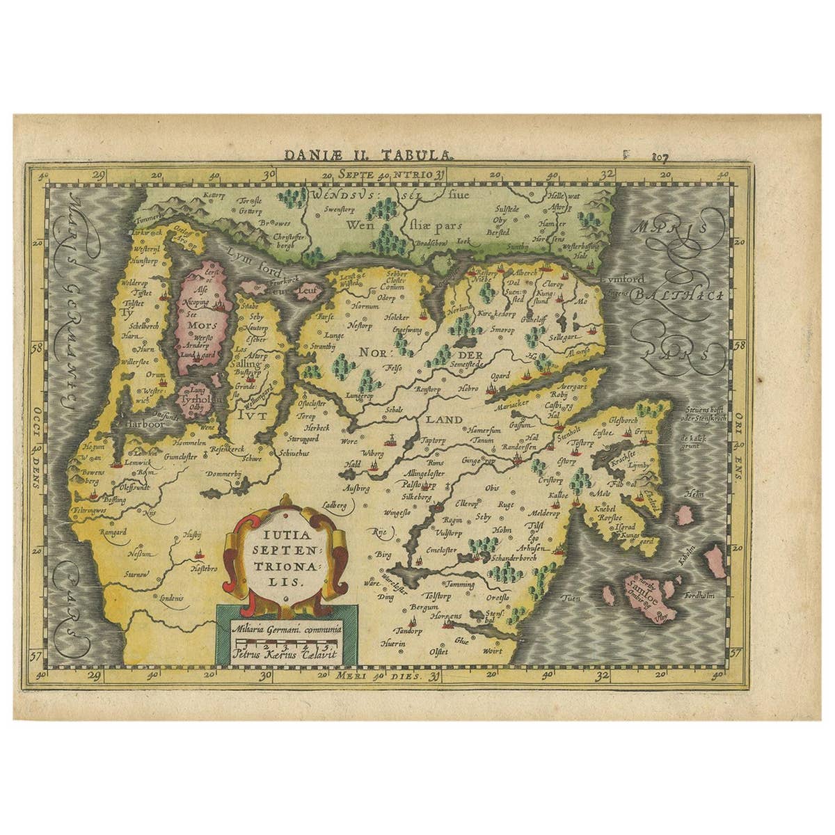 Antique Copper Engraved Map of Northern Jutland by P. Kaerius, 1628