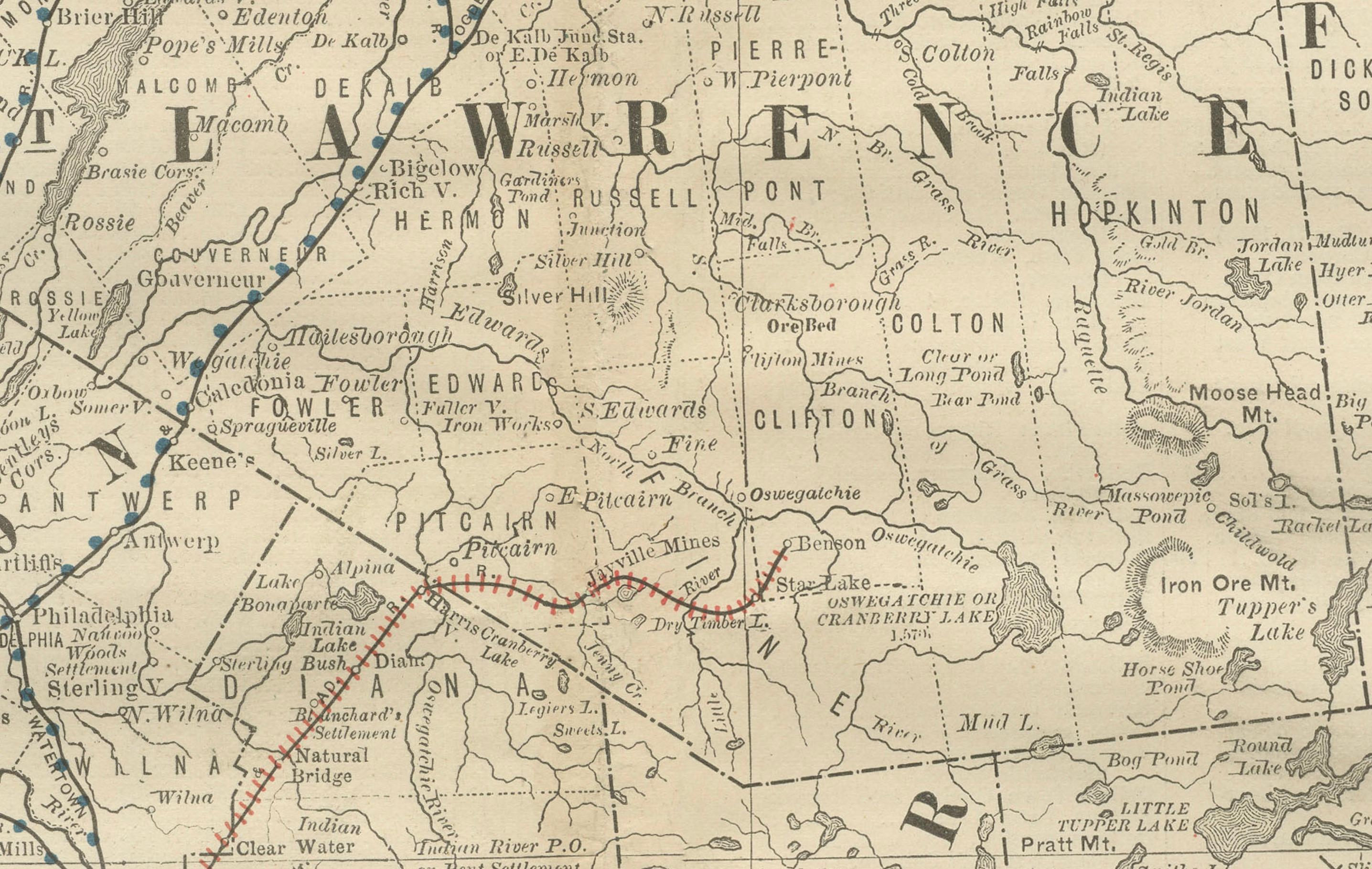 Carta geografica antica del Nord di New York - Rand McNally, circa 1888

Questa antica mappa del nord di New York è stata pubblicata da Rand, McNally & Co. intorno al 1888. Tratta da uno dei loro atlanti della fine del XIX secolo, offre una visione