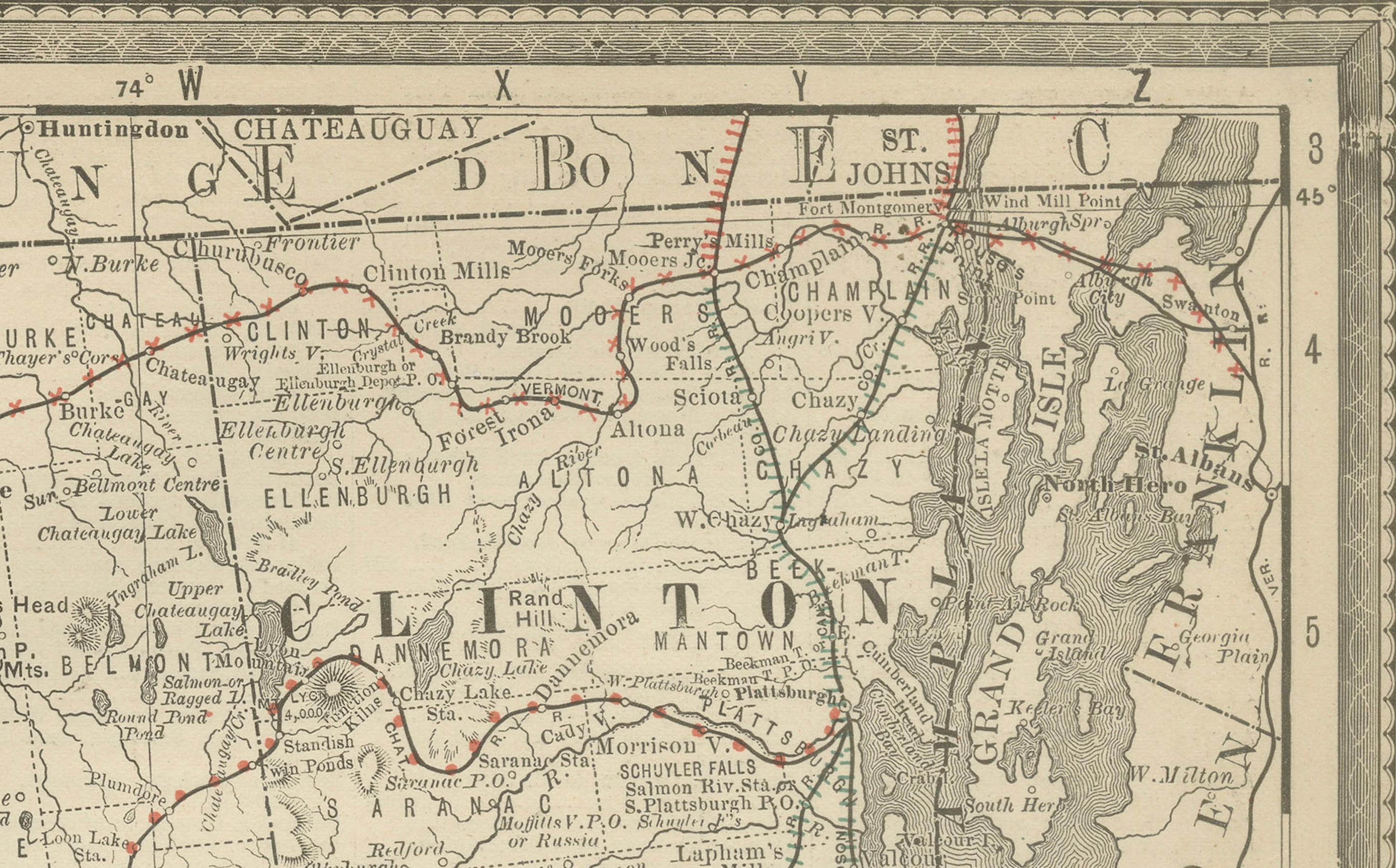 Inciso Carta geografica antica del Nord di New York - Rand McNally, circa 1888 in vendita