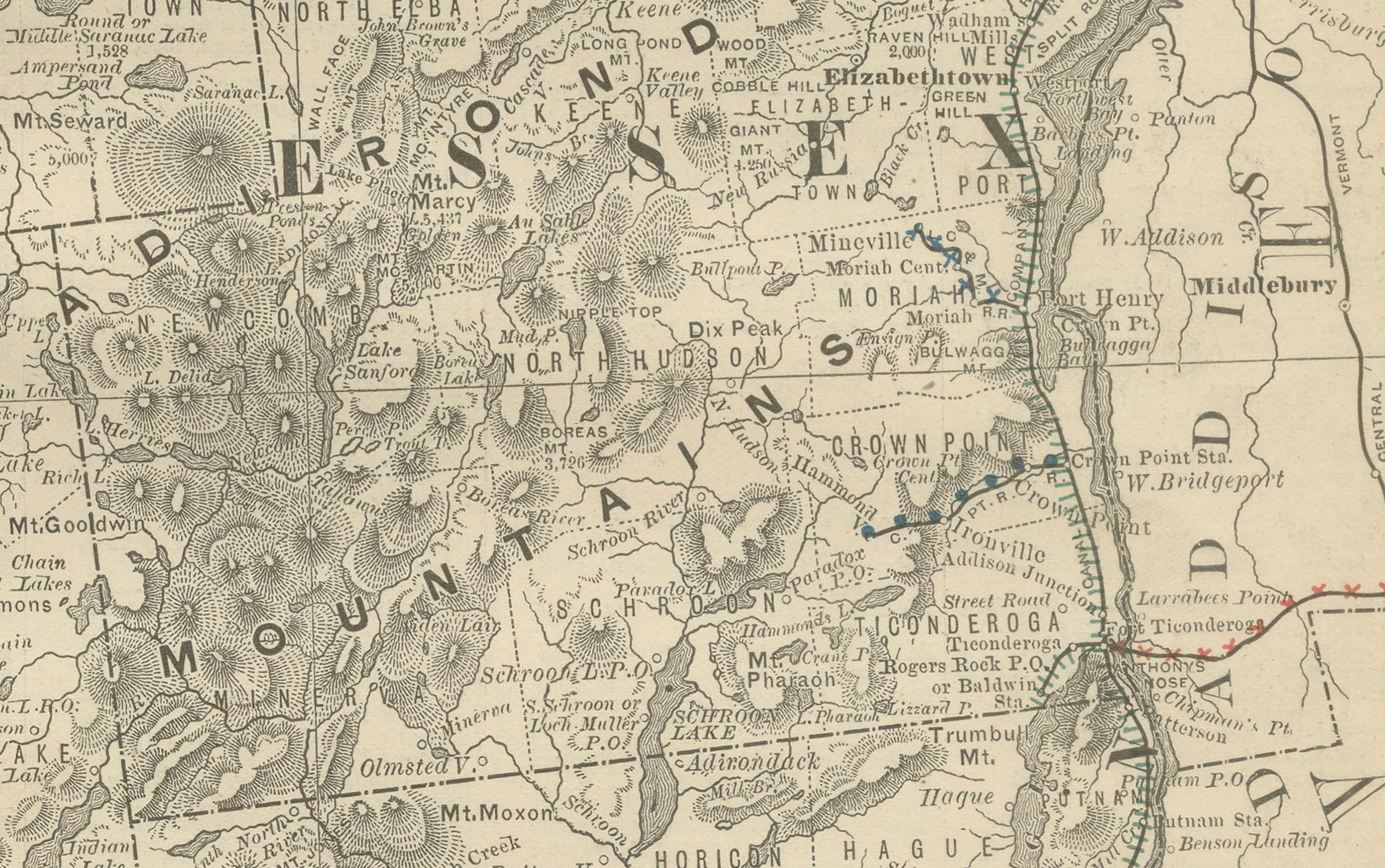 XIX secolo Carta geografica antica del Nord di New York - Rand McNally, circa 1888 in vendita