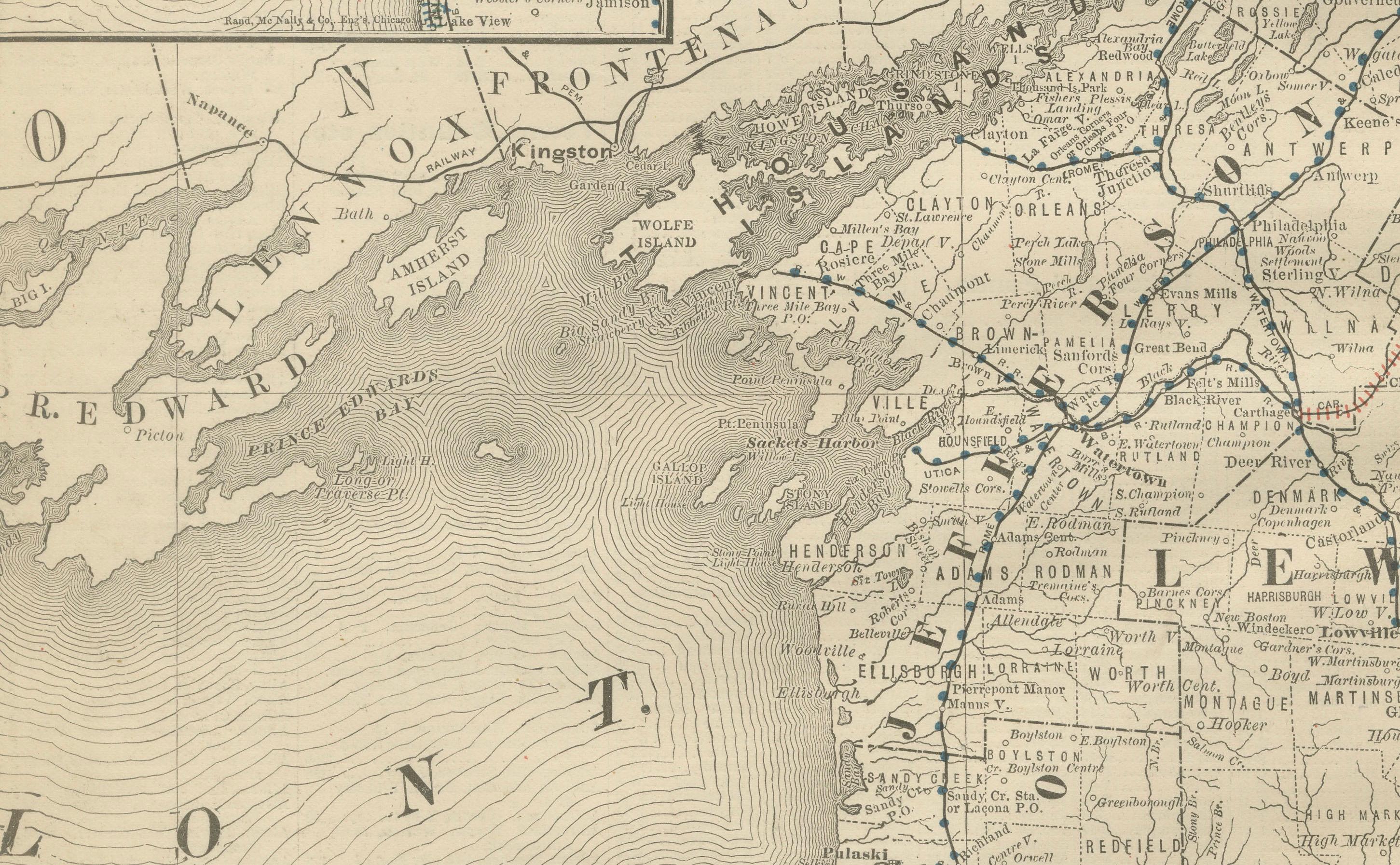 Carta geografica antica del Nord di New York - Rand McNally, circa 1888 in vendita 3