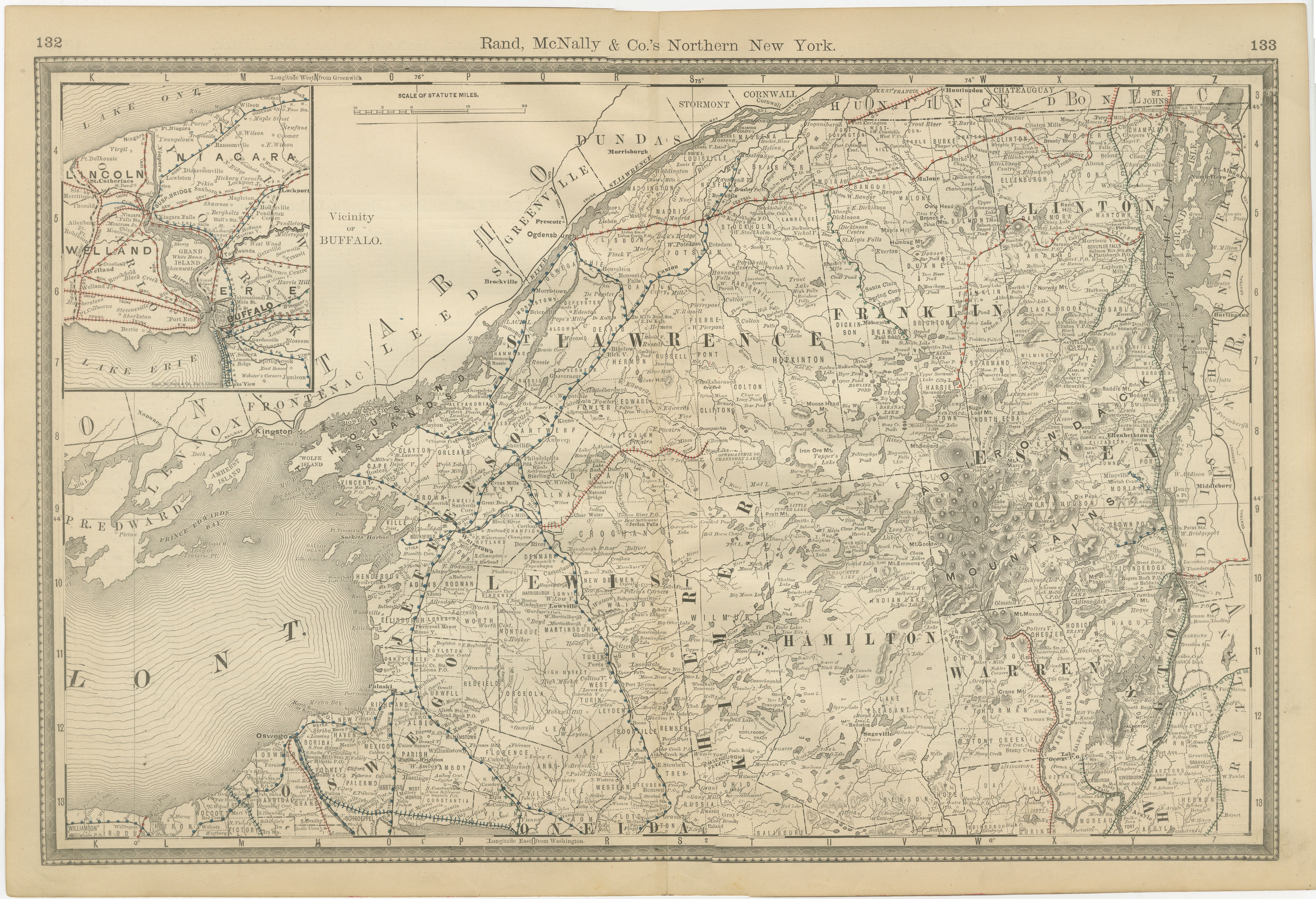 Carta geografica antica del Nord di New York - Rand McNally, circa 1888