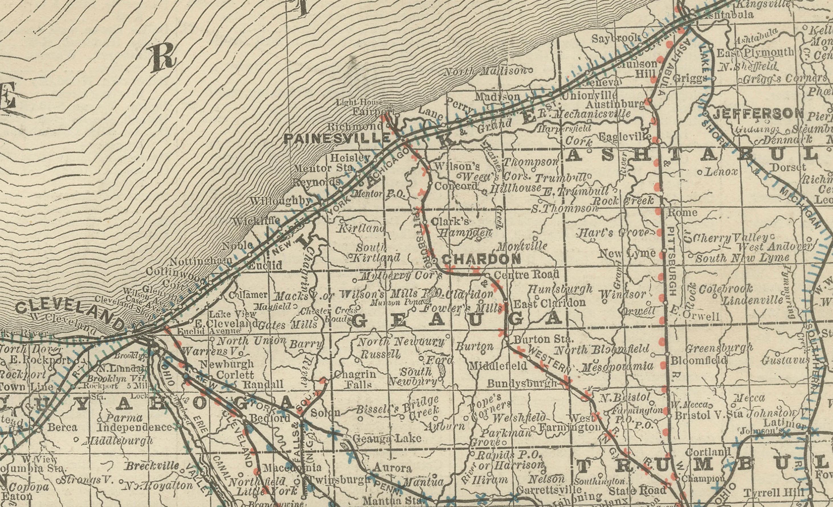 Engraved Antique Map of Northern Ohio – The Buckeye State with Railroads & Counties, 1888 For Sale