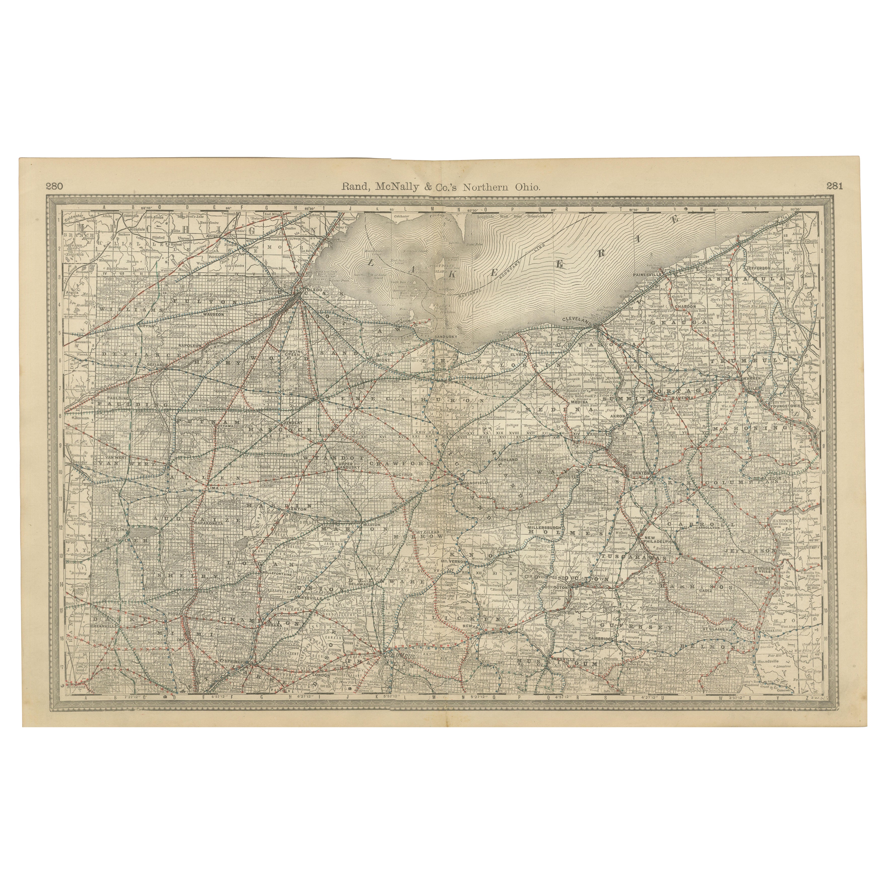 Antique Map of Northern Ohio – The Buckeye State with Railroads & Counties, 1888