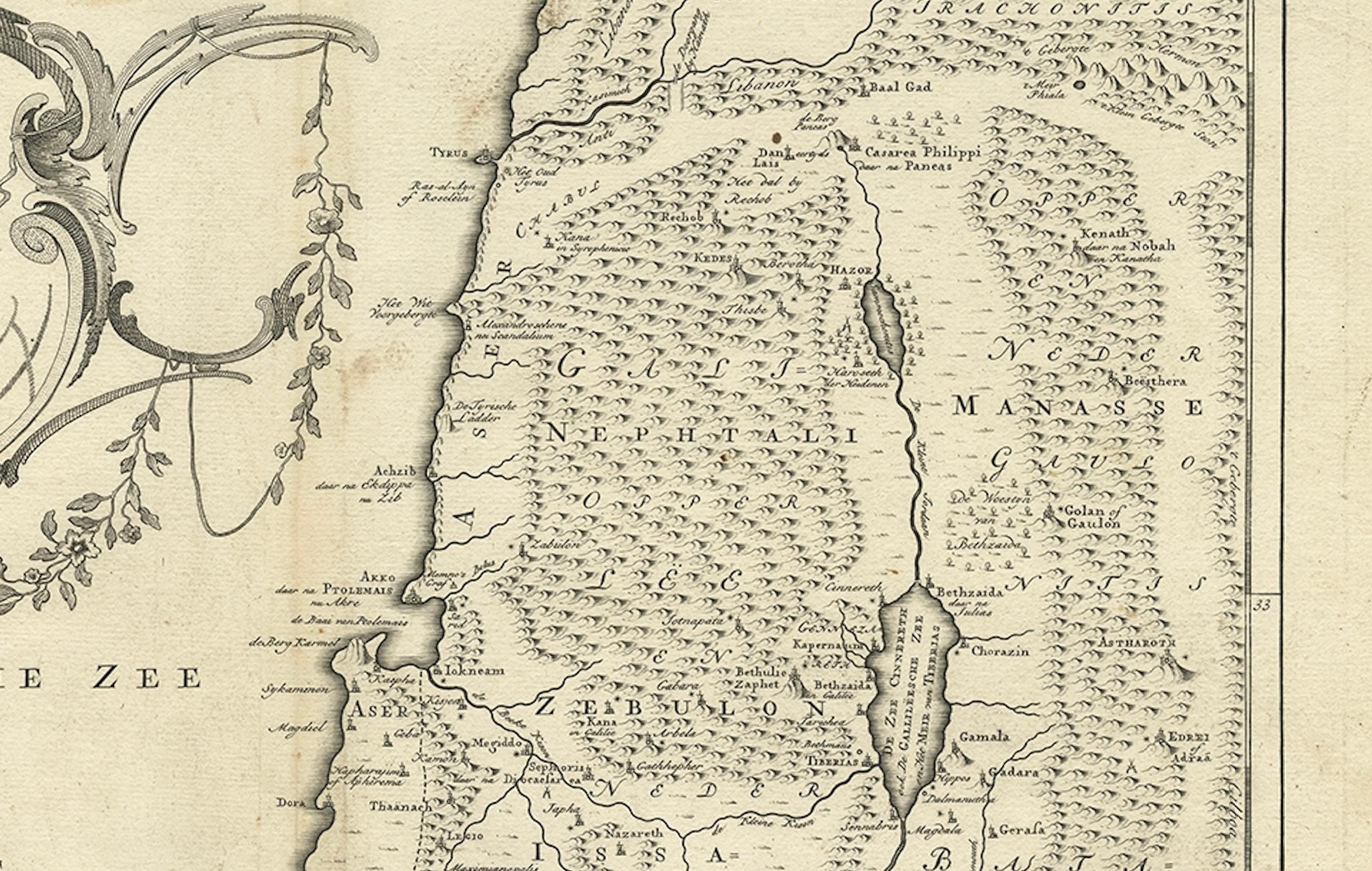 Antique Map of Northern Palestine with Tribal Divisions, Bachiene, 1763

The cartouche bears the title: “’t Noordelyke Gedeelte van het Geheel Palestina Benevens het Noordelyk en Zuidelyk deel van de Overjordaanse Landen der twaalf stammen Israëls”