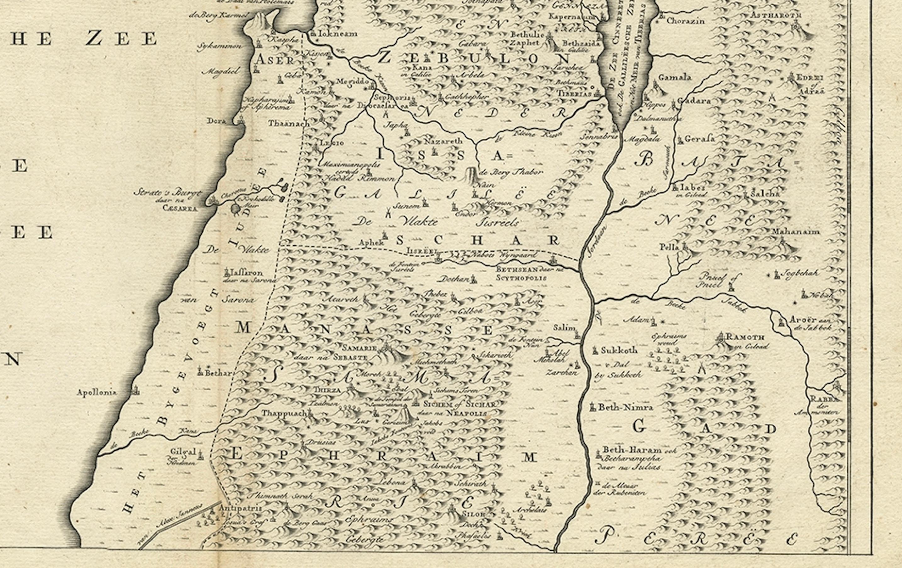 Engraved Antique Map of Northern Palestine with The Tribes of Israel. Dutch, 1763 For Sale