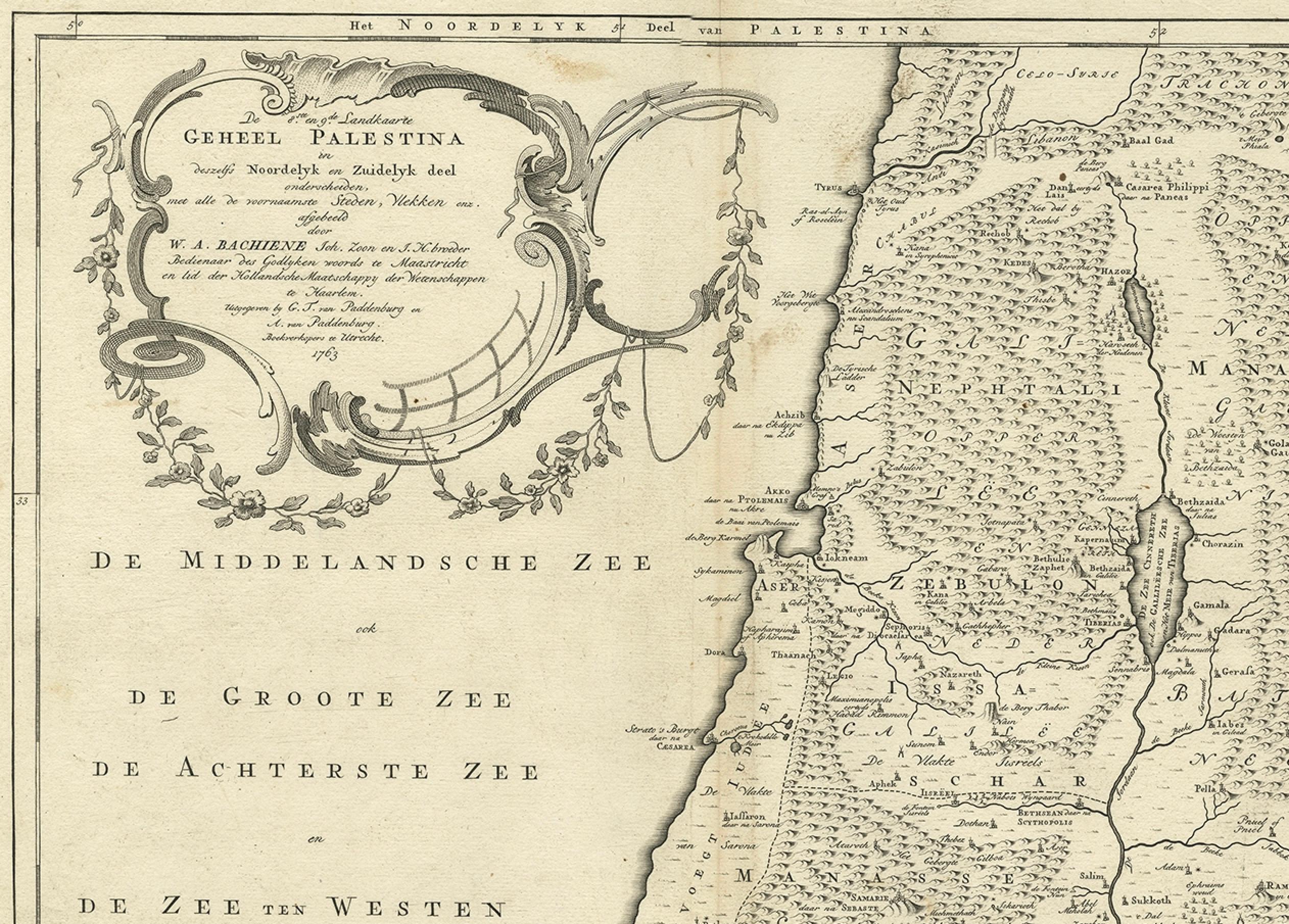 Antique Map of Northern Palestine with The Tribes of Israel. Dutch, 1763 In Good Condition For Sale In Langweer, NL