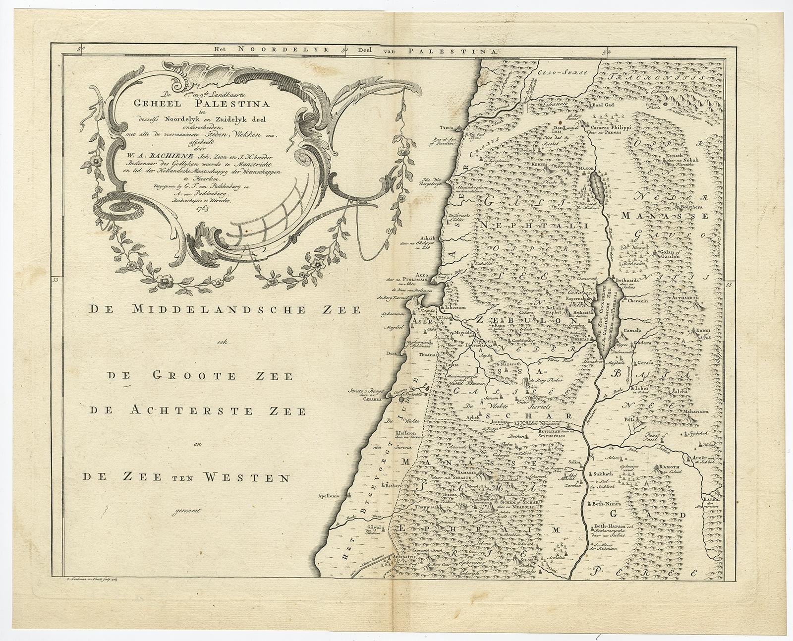 18th Century and Earlier Antique Map of Northern Palestine with The Tribes of Israel. Dutch, 1763 For Sale