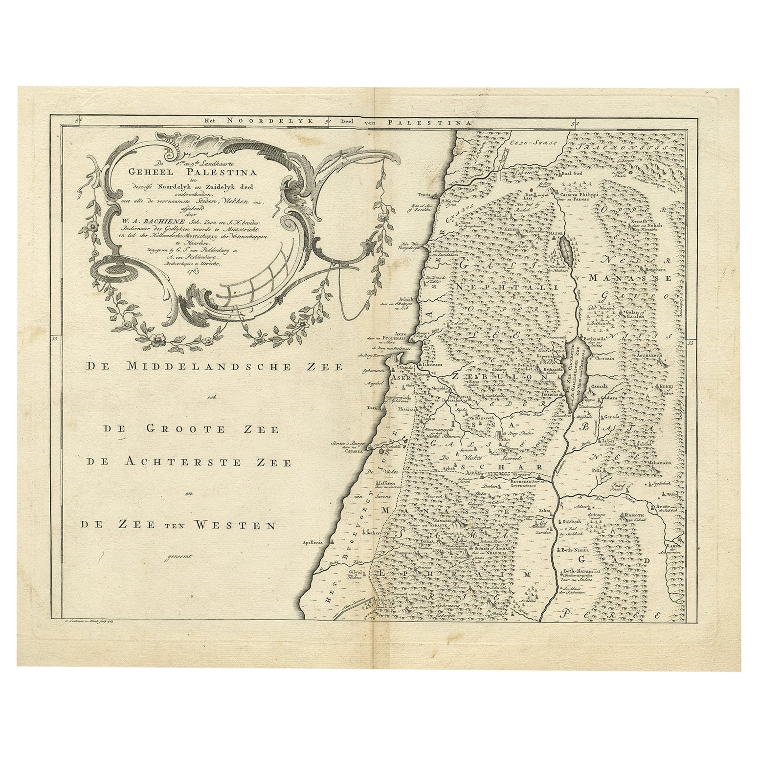 Antique Map of Northern Palestine with The Tribes of Israel. Dutch, 1763 For Sale