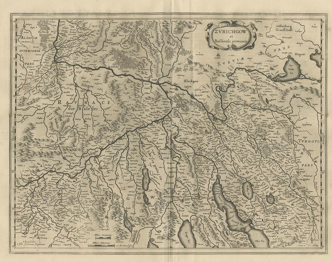 Antike Karte 'Zurichgow et Basiliensis provincia'. Detaillierte Karte der Nordschweiz, einschließlich Zürich und Basel. Diese Karte stammt aus dem 