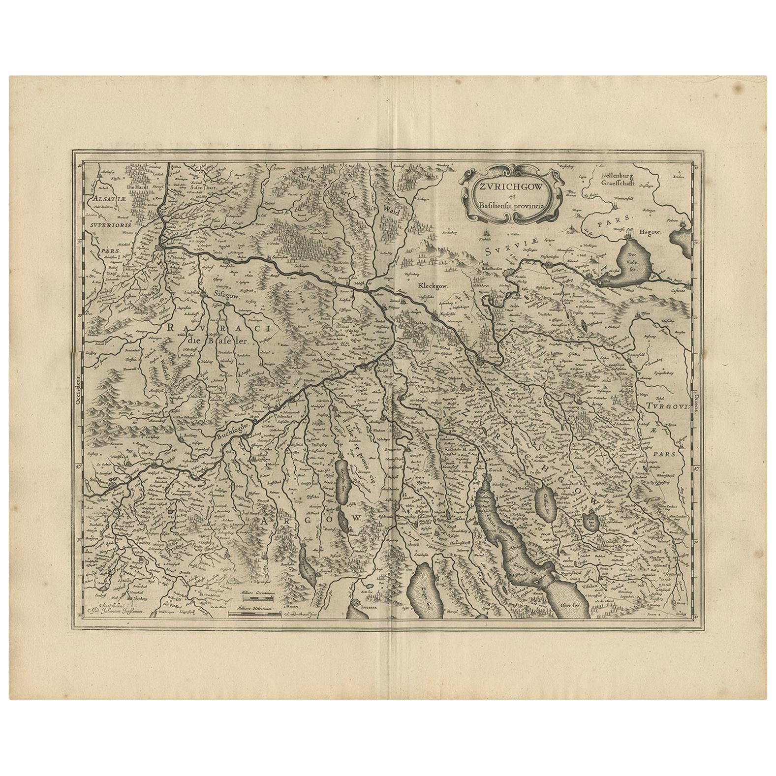 Antique Map of Northern Switzerland by Janssonius '1657' For Sale