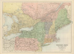 Mapa antiguo del norte de Estados Unidos y Canadá, de Bartholomew, hacia 1882