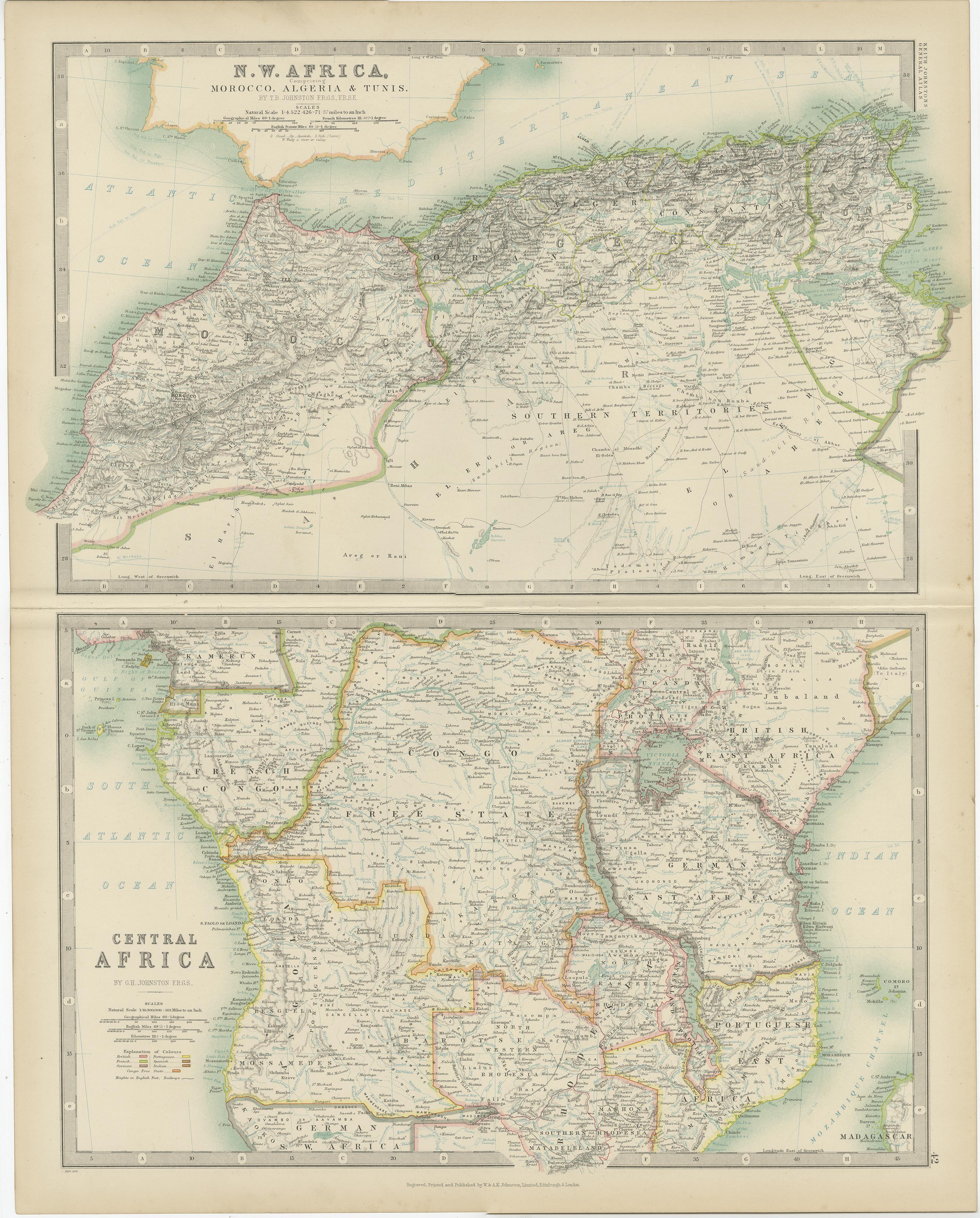 Mappa antica del N.W. Africa e Africa Centrale di Johnston (1909) In condizioni buone in vendita a Langweer, NL
